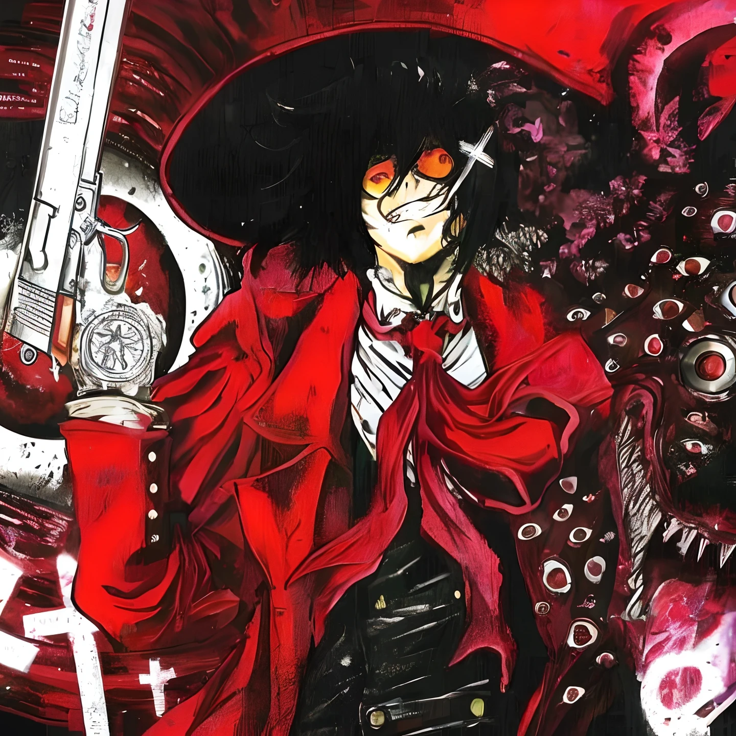 A closeup of a person holding a gun near a demon, Alucard, Estilo de Yoshitaka Amano, Estilos de mistura de Tsutomu Nihei, Estilo Yoshitaka Amano, Gama Murata Yoshitaka Amano, Estilo Tsutomu Nihei, Bastien Yoshitaka Amano, Gatilho Estilo de Arte de Anime, Helltaker