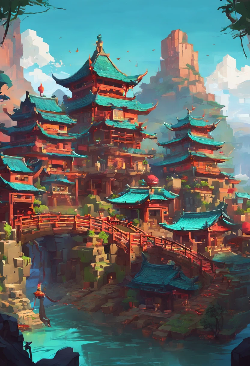 Draw a Chinese village,bridge over river, ross tran. scenery background, digital painting of a pagoda, cyberpunk chinese ancient castle, dreamy Chinese towns, highly detailed digital painting, very detailed digital painting, Detailed scenery —width 672, wlop and ross thran, Detailed painting 4 K, detailed digital concept art, highly detailed digital artwork