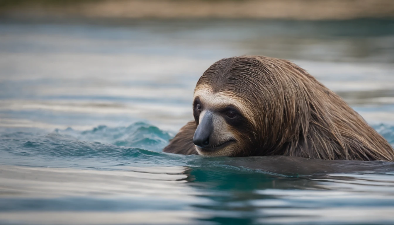 A sloth and a dolphin engage in a breath-holding competition, with the sloth emerging victorious as it calmly floats in the water, unfazed by the challenge.