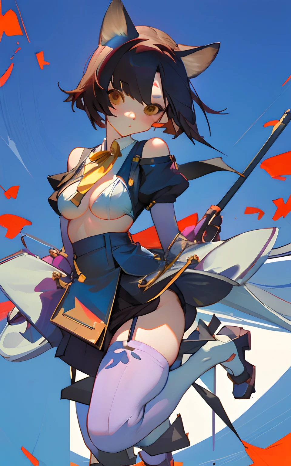 Dog ears, cropped shoulders,White knee-length stockings,Superskirt,perfect body figure,wearing only his underwear,Cute lingerie,medium boob
