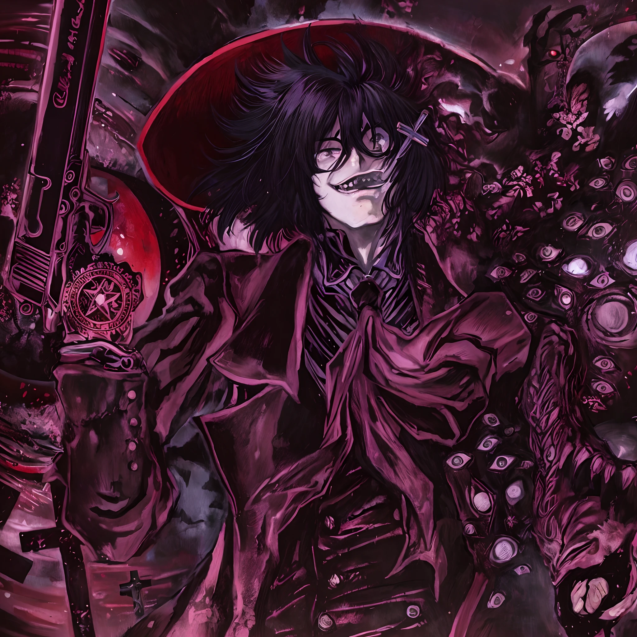 A closeup of a person holding a gun near a demon, Alucard, Estilo de Yoshitaka Amano, Estilos de mistura de Tsutomu Nihei, Estilo Yoshitaka Amano, Gama Murata Yoshitaka Amano, Estilo Tsutomu Nihei, Bastien Yoshitaka Amano, Gatilho Estilo de Arte de Anime, Helltaker