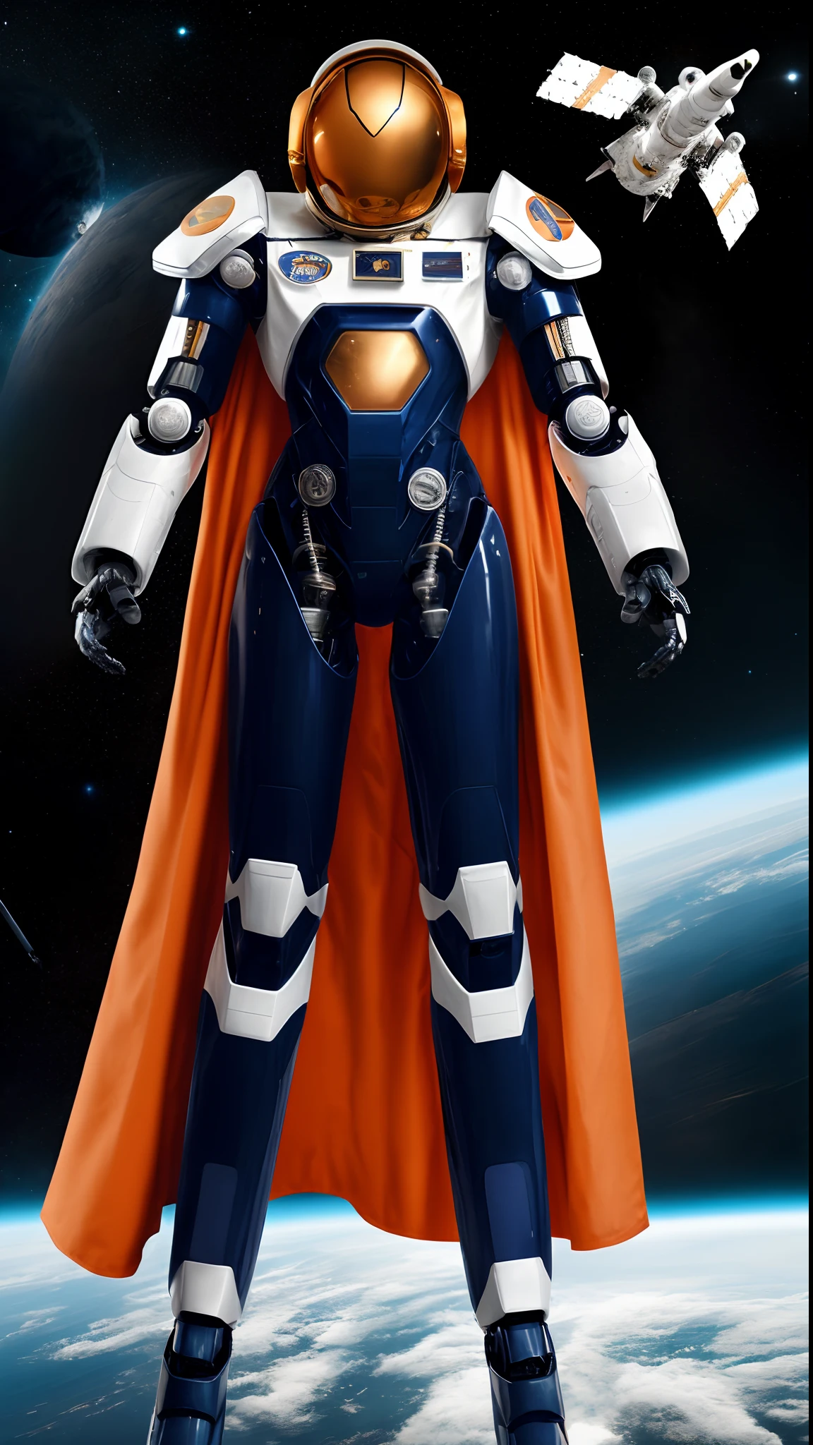 Robot astronaut, orange-white metallic helmet and cyberpunk appearance, full-length portrait. Long cape to the ground. In space above a satellite.mecha.body human