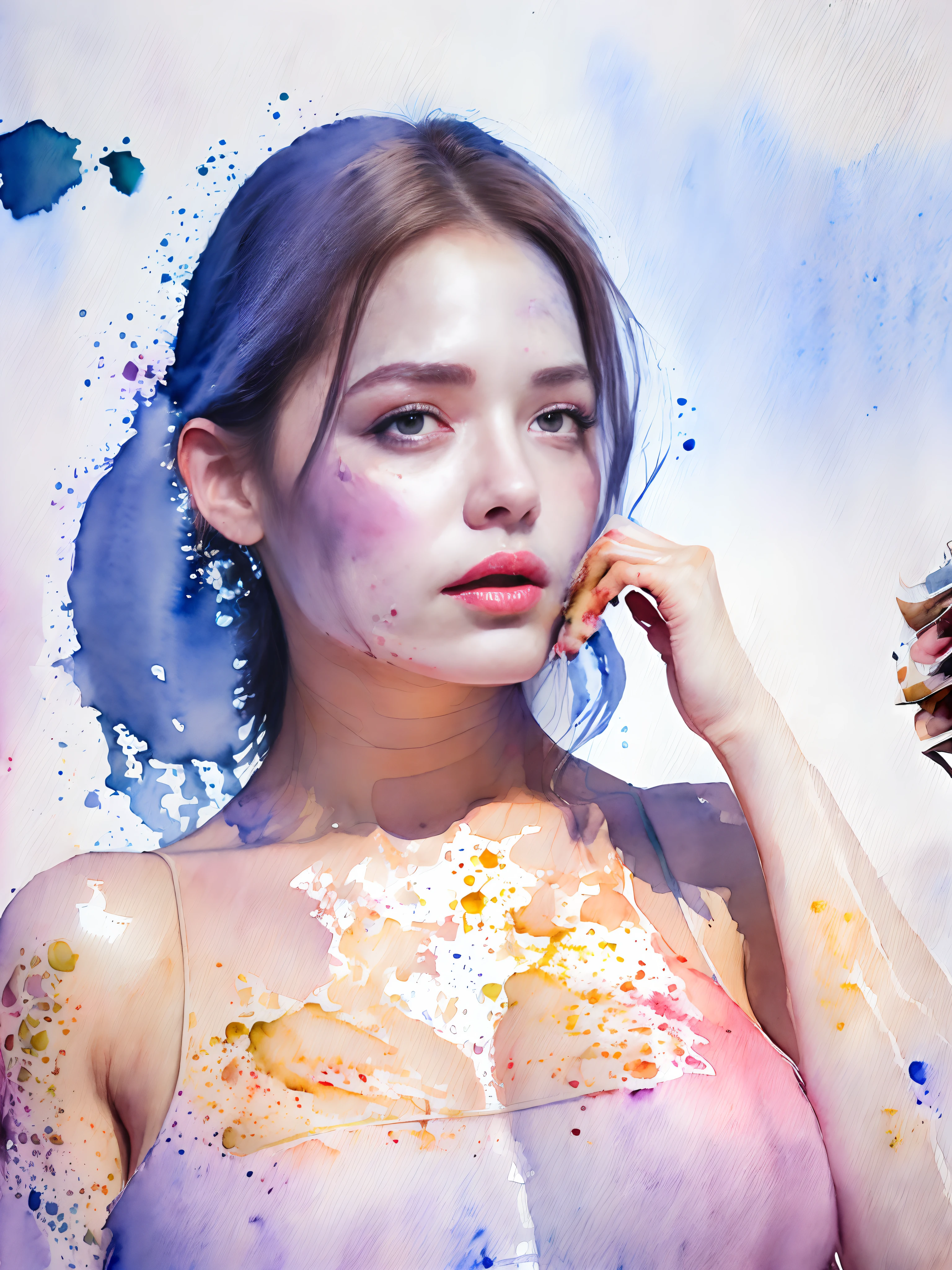 (watercolor paiting:1.ung Sensual Gravure Idol、beautiful girls face、Young cute gravure idol、奈良美智、Young Gravure Idol、If々Japan Girl、Close up of Rain Iwakura、Pull Shorthair、Photos taken with Sony A7R,undergarment:1.3,(huge-breasted:1.2),((Top image quality、8K、masuter piece、:1.3))、Super fine face、Ultra Fine Lips、Fine Eye、二重まぶた、(Hands raised)、(A sexy:1.2)、full body Esbian、Super fine face、Ultra-fine lips、Breakdown、二重まぶた:1.2(Photorealsitic、Raw photography、top-quality:1.4)、Al Eyes、beautidful eyes、(real looking skin)、Beautiful skin、The ultra -The high-definition、the golden ratio、(1 girl in)、