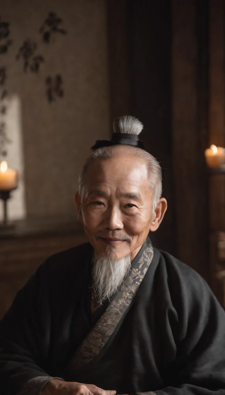 Wearing a black coat,Smiling,Middle of the lens,The background is a traditional Chinese painting,Men have no beards,Wise old man,An ancient Chinese elder,Center the photo,The character is centered,Sit behind the coffee table,Real frontal photos,Face HD,The face is softly illuminated,Slight smile,The background is a bit dark,The interior is dimly lit,Background bokeh,Light shines on the face from the front,The face is evenly lit,Medium shot,Best quality,photographed