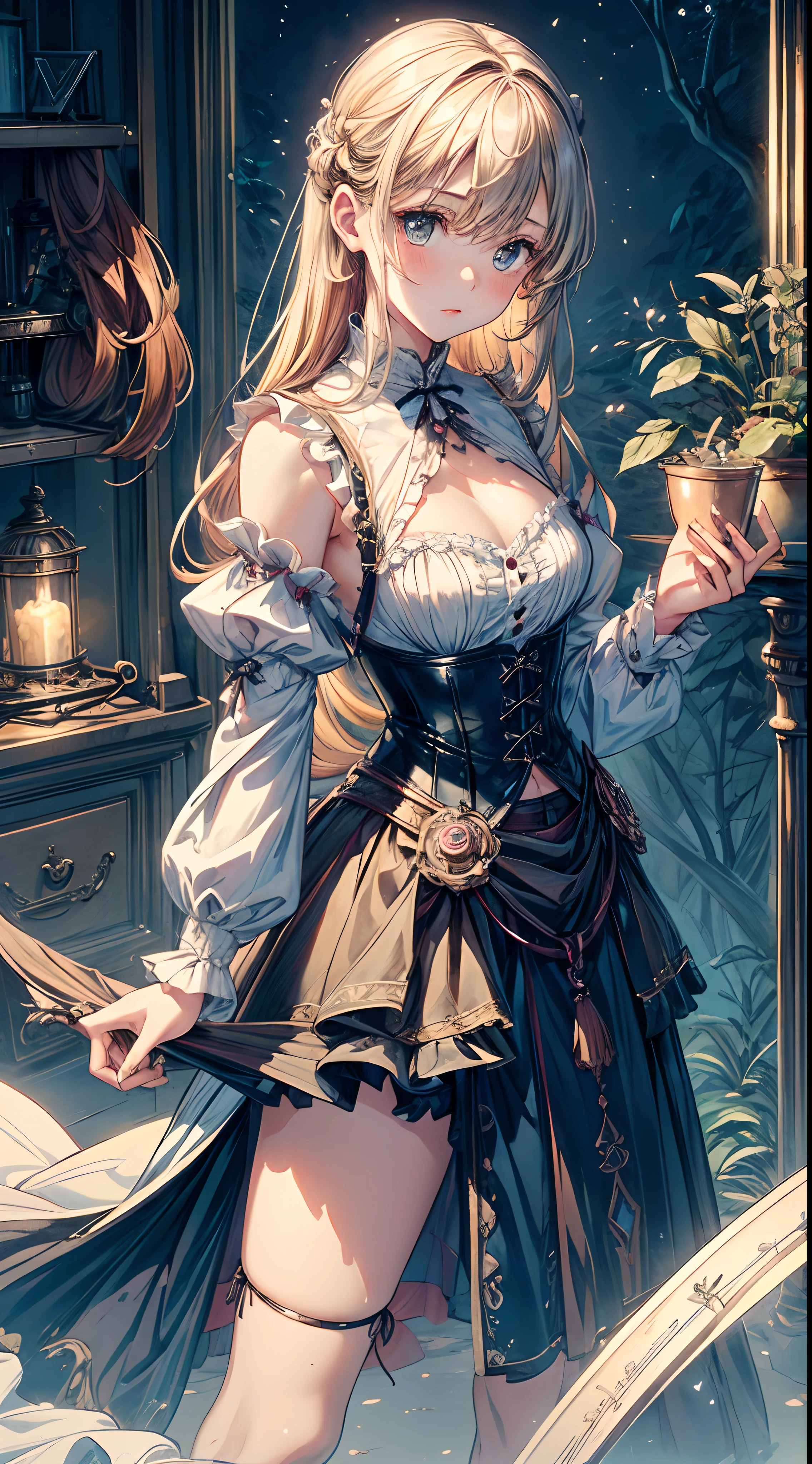 (((masterpiece)))、((top-quality))、(The ultra-detailliert)、(CG Illustration)、(Very Beautiful ))、Cinematic Light、((1 Mechanical Girl))、 scientific fiction、Apocalypse、Erotic grotesque、research institute(Beautiful and indulgent:1.2)、(1girl in:1.3)、Facing the front,a blond,Corset Belt,blue high waist skirt,