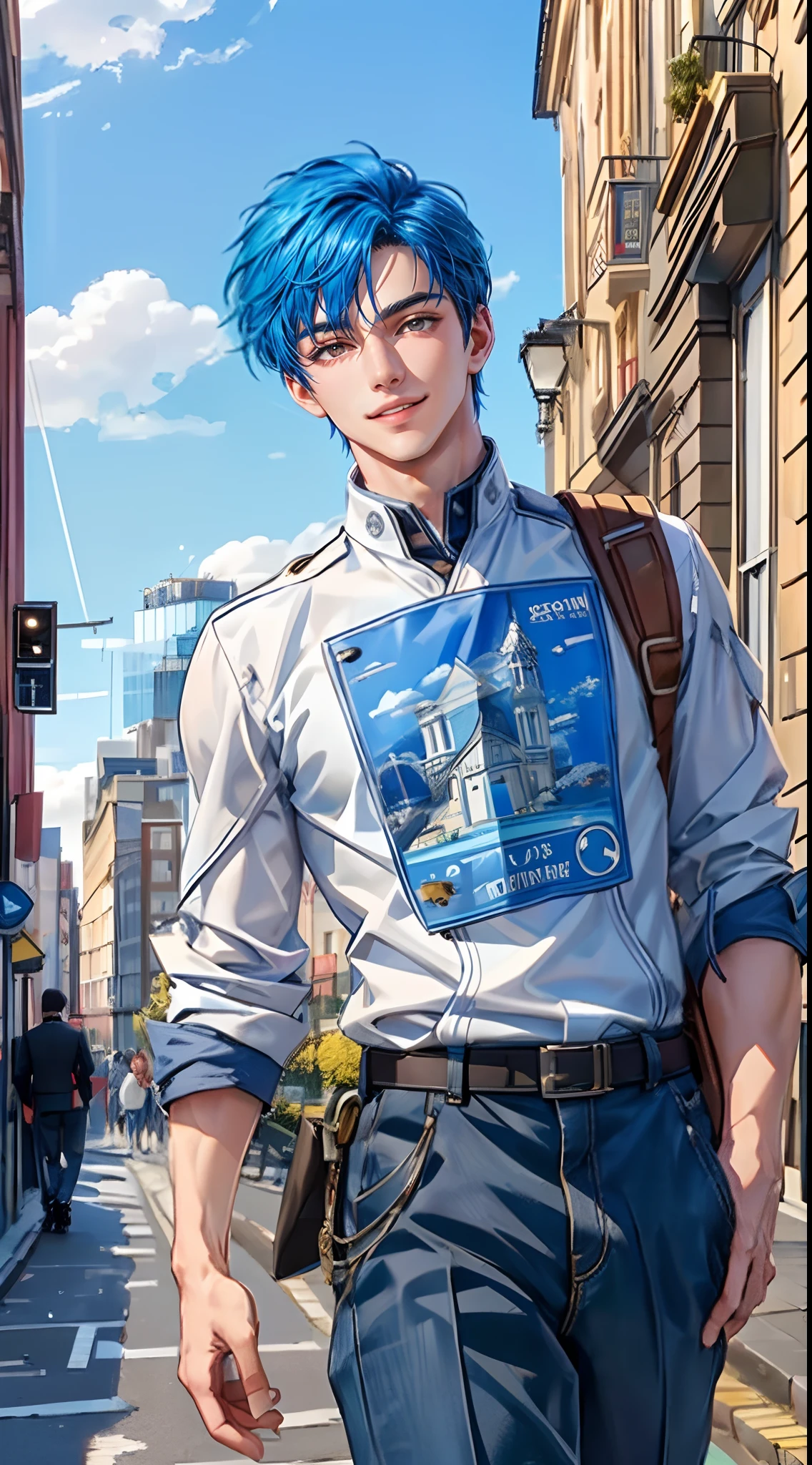 ((4K works))、​masterpiece、(top-quality)、One Beautiful Boy、Slim body、tall、((Attractive British style))、(Detailed beautiful eyes)、Fashionable British cities、Daytime city、((Walking through a city in the UK))、((Daytime bright sky))、((Cities in United Kingdom))、((Shot in UK cities))、mid night、((Short-haired bright blue hair))、((Smaller face))、((White eyes))、((American adult male))、((Adult male 26 years old))、((Cool Men))、((Like a celebrity))、((Smile showing teeth and smiling))、((Korean Makeup))、((elongated and sharp eyes))、((Happy dating))、((boyish))、((Upper body photography))、((Happy dating))、Professional Photos、((Shot alone))、((Shot from diagonally in front))、((Shot in close proximity to him))、((He is walking in front of the viewer))、((Focus zoom in))