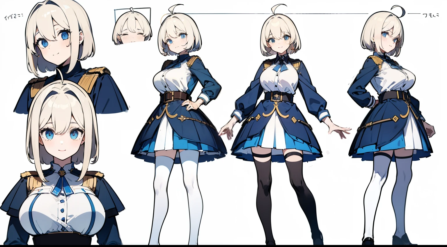 ((Masterpiece, highest quality)), detailed face, character sheet, Full body, 1girl, light blue eyes, long blonde thin hair, short hair, ahoge, ((long straight hair)), ((large breasts)), ( hair between eyes, tight military white dress, mini-skirt, many belts, cardigan, black thigh-highs, smile, yandere, gold and sapphire theme, pale skin, full of details, multiple poses and expressions, highly detailed, depth, many parts