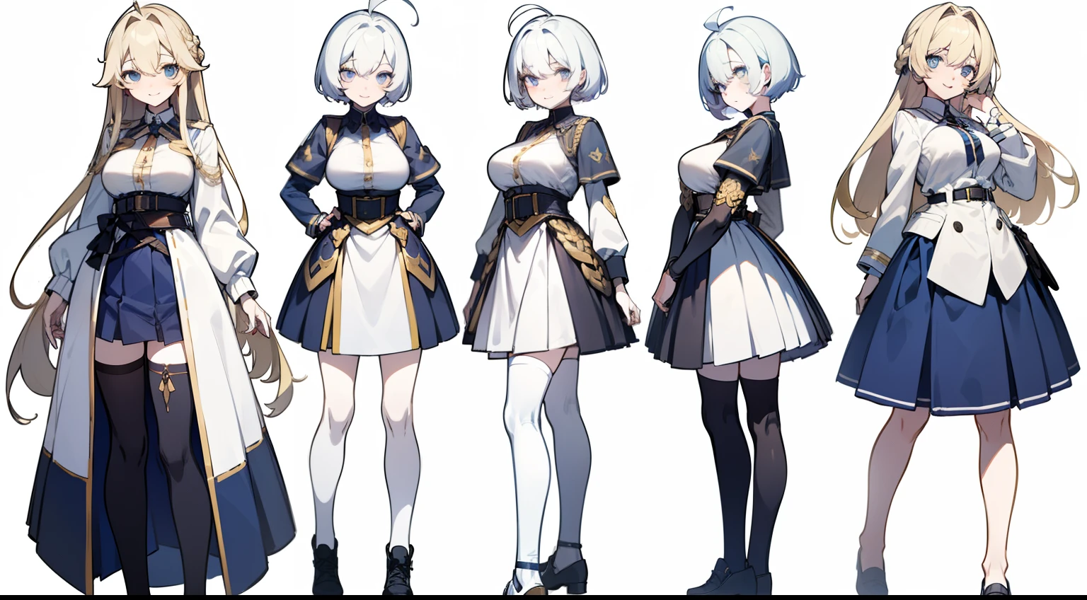 ((Masterpiece, highest quality)), detailed face, character sheet, Full body, 1girl, light blue eyes, long blonde thin hair, short hair, ahoge, ((long straight hair)), ((large breasts)), ( hair between eyes, tight military white dress, mini-skirt, many belts, cardigan, black thigh-highs, smile, yandere, gold and sapphire theme, pale skin, full of details, multiple poses and expressions, highly detailed, depth, many parts