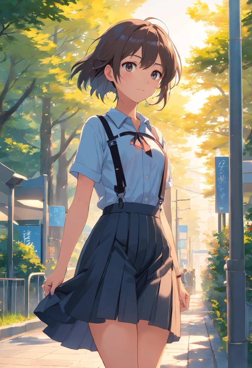 Suspenders,Stylish and beautiful,Wide back straps,a black pleated skirt,Slender legs,Black high-top canvas shoes,Tall and tall,long whitr hair,Flutter in the wind,Spontaneity and naturalness,Deep eyes,Bright as a star,Gray stud earrings,Small silver ring,Playful and cute,University playground,Beautiful landscape,Add vitality,Spontaneity and naturalness