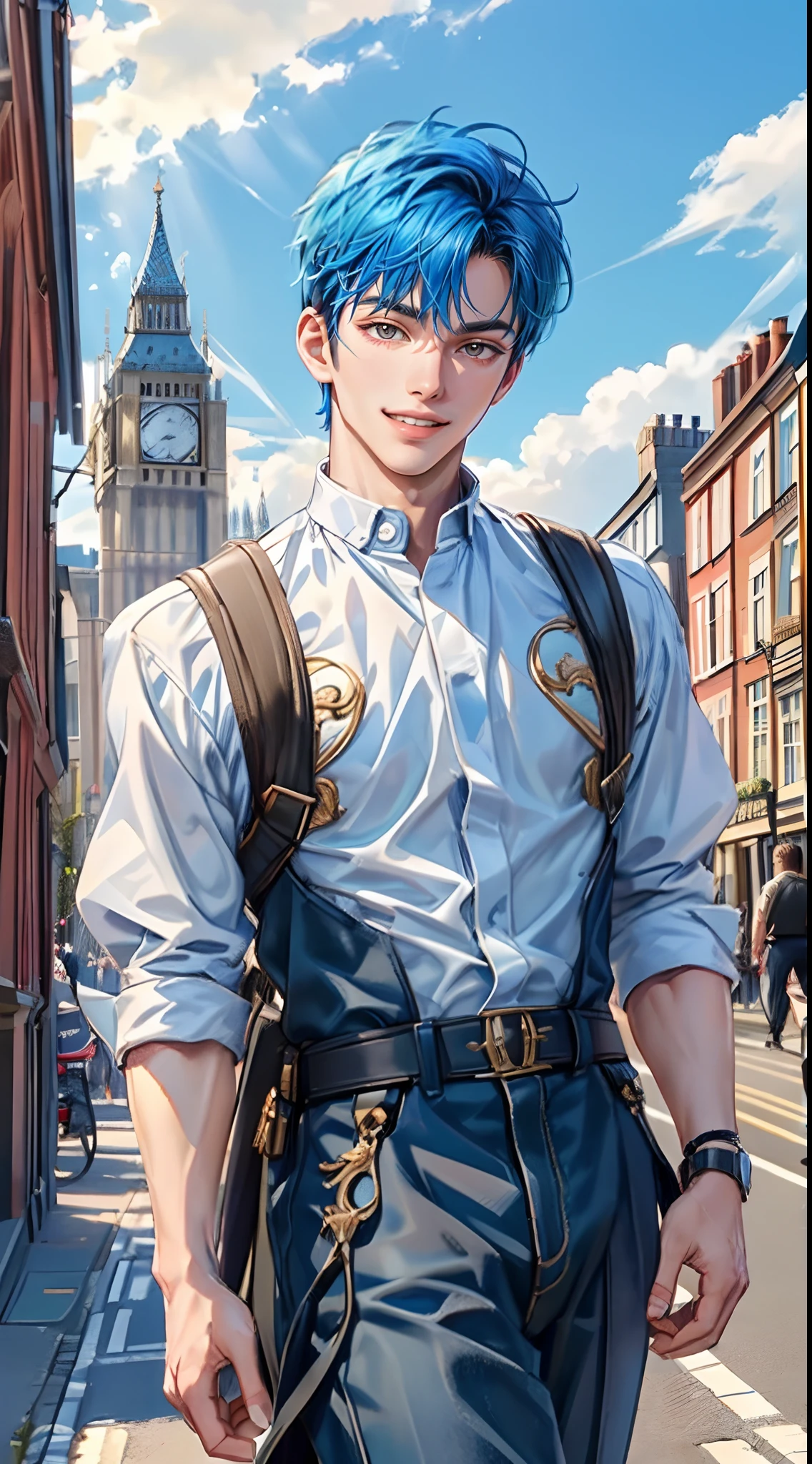 ((4K works))、​masterpiece、(top-quality)、One Beautiful Boy、Slim body、tall、((Attractive British style))、(Detailed beautiful eyes)、Fashionable British cities、Daytime city、((Walking through a city in the UK))、((Daytime bright sky))、((Cities in United Kingdom))、((Shot in UK cities))、mid night、((Short-haired bright blue hair))、((Smaller face))、((White eyes))、((American adult male))、((Adult male 26 years old))、((Cool Men))、((Like a celebrity))、((Smile showing teeth and smiling))、((Korean Makeup))、((elongated and sharp eyes))、((Happy dating))、((boyish))、((Upper body photography))、((Happy dating))、Professional Photos、((Shot alone))、((Shot from diagonally in front))、((Shot in close proximity to him))、((He is walking in front of the viewer))、((Focus zoom in))