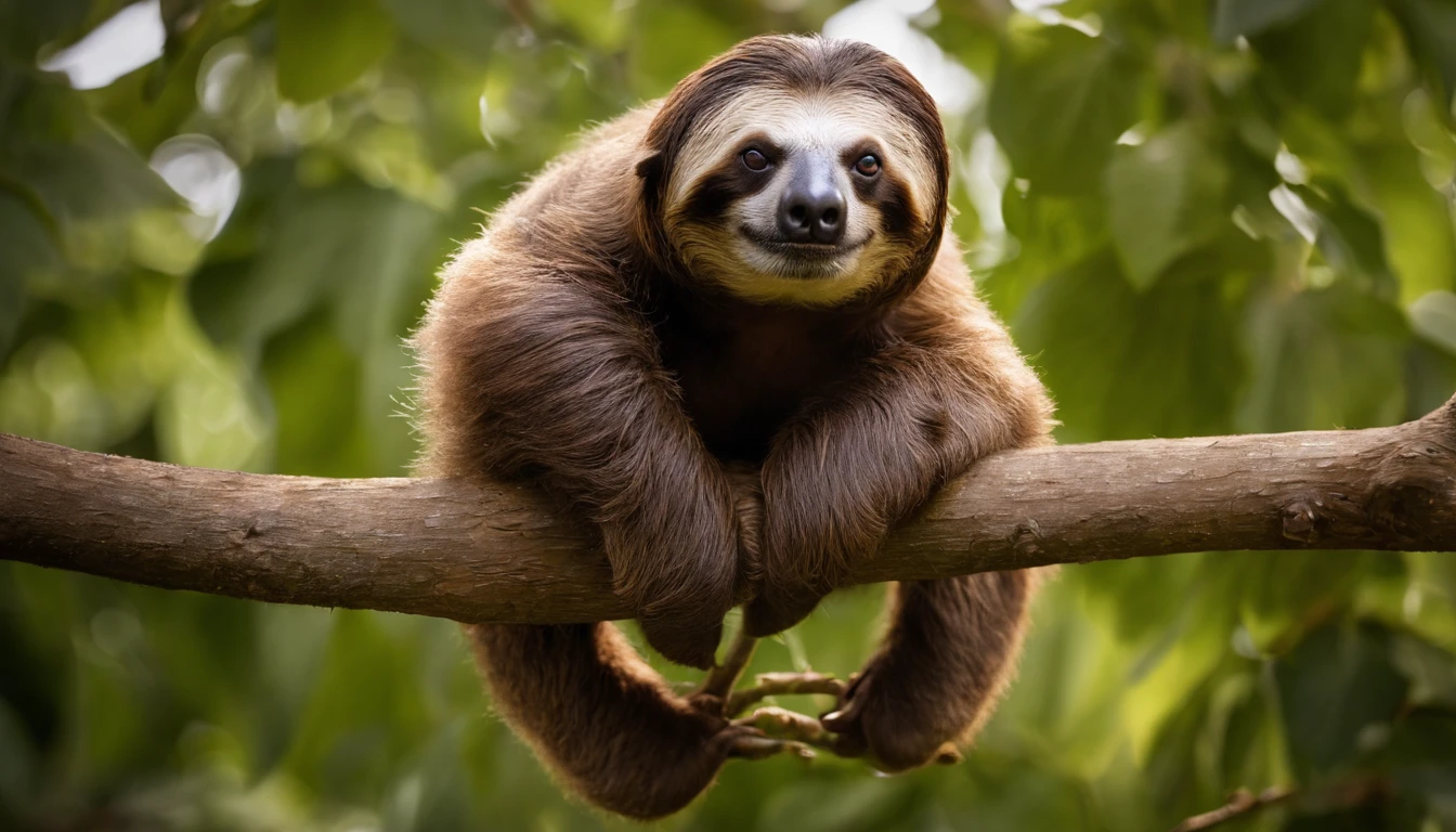 A majestic sloth hanging from a tree branch, its fur glistening in the sunlight and its eyes closed in peaceful slumber