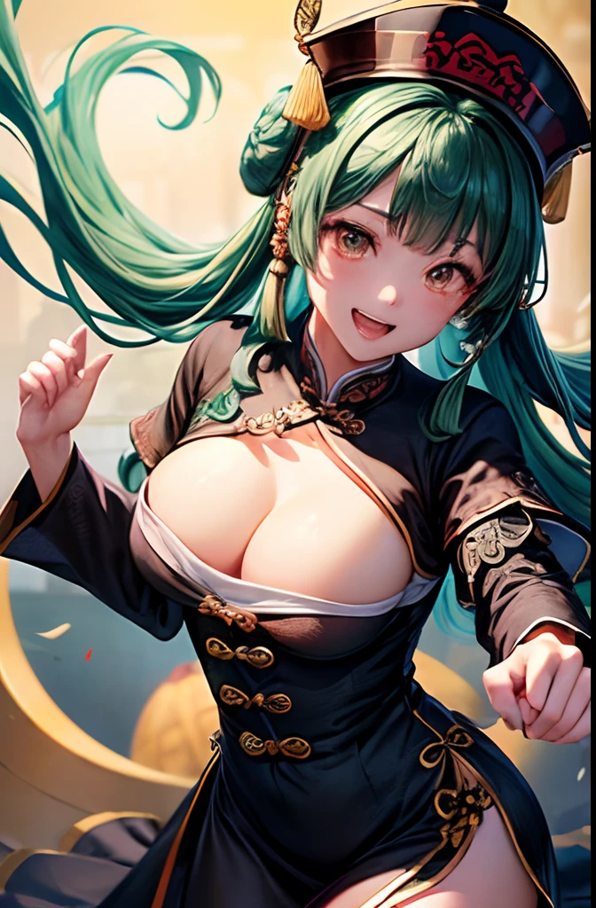 (top-quality、in 8K、32K、masterpiece、nffsw、超A high resolution、Impresionismo、Photorealsitic:1.2)、Colossal tits、cowboy shot、Begging Pose、 detailed faces and eyes、 nightcity、Dim Street Lights、A jack-o'-lantern is placed on the road、beauitful face、blurry backround、-yeld beiful girl、shinny skin、long claws、Official Qing Dynasty Cap、Official clothing of the Qing Dynasty、Beautiful green hair、Bun hair、Blunt bangs、The eyes are red eyes、(Qing Dynasty Hat:1.2)、Kung Fu Shoes、Spiritual paper with yellow runes on the forehead、Curve、Stand on one knee、(Official formal dress of the Qing Dynasty in black color:1.2)、A smile with open mouth and fangs bared、cross one's legs