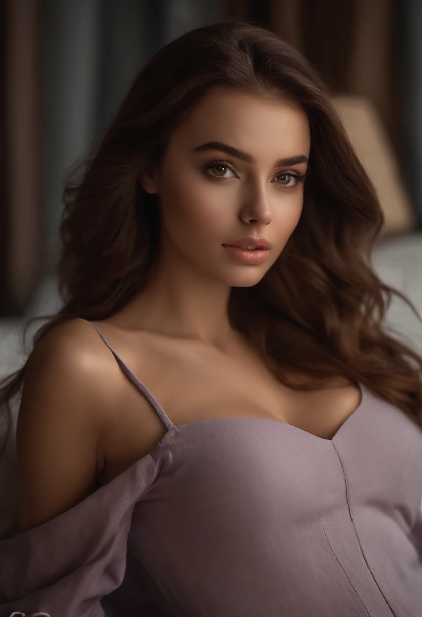 Arad woman with matching vest and panties, Sexy girl with brown eyes, portrait sophie mudd, brown hair and large eyes, selfie of a young woman, bedroom eyes, Violet Myers, nomake-up, Natural makeup, look straight at the camera, face with artgram, Subtle makeup, Stunning full-body shots, in a  bedroom, cleavage