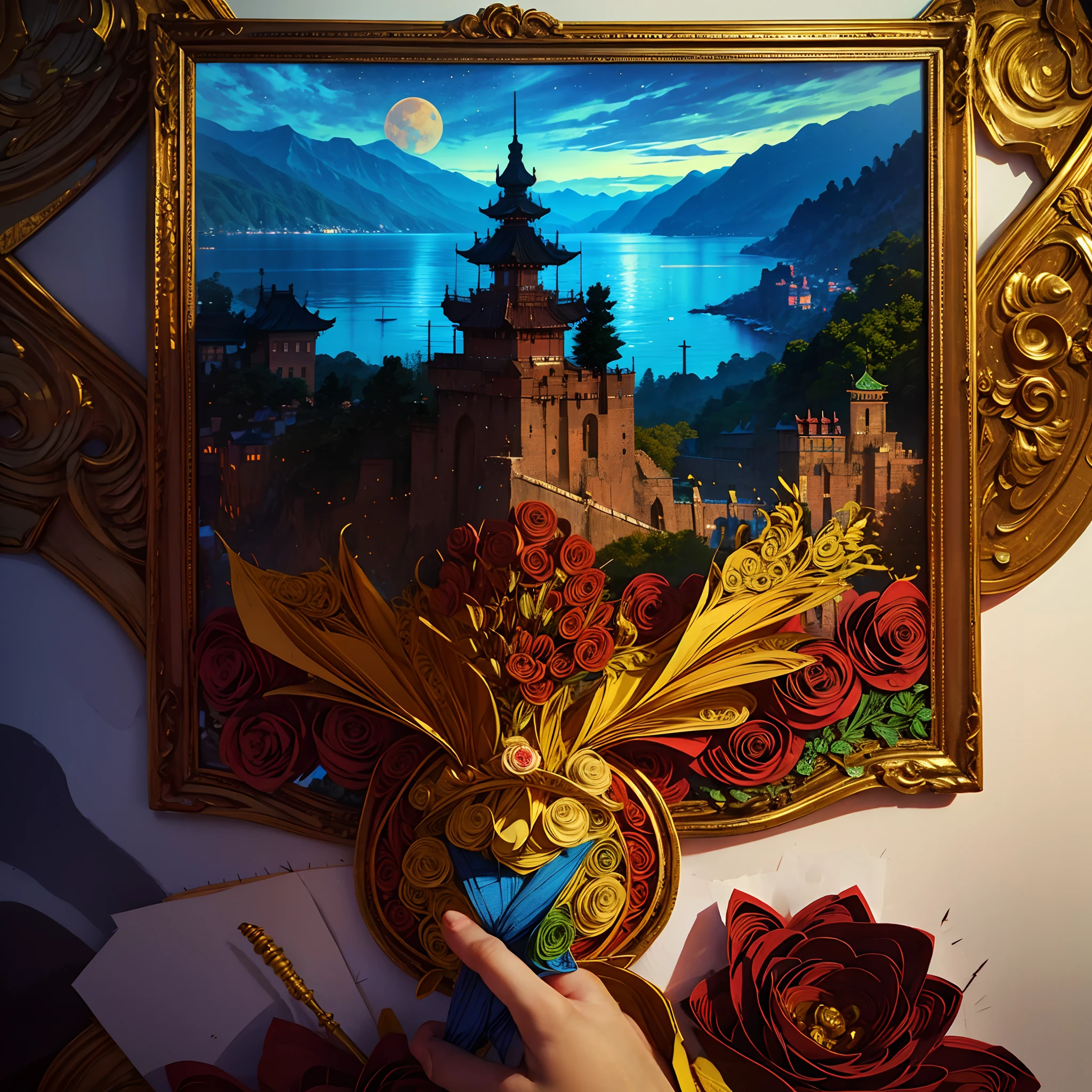 yanzhi,paper quilling，[Castle by the sea:5] florals，mountain peaks，the sea，golden moon，Works by Alphonse Mucha， ( Paper art sewing art style:1.5)，vivid color