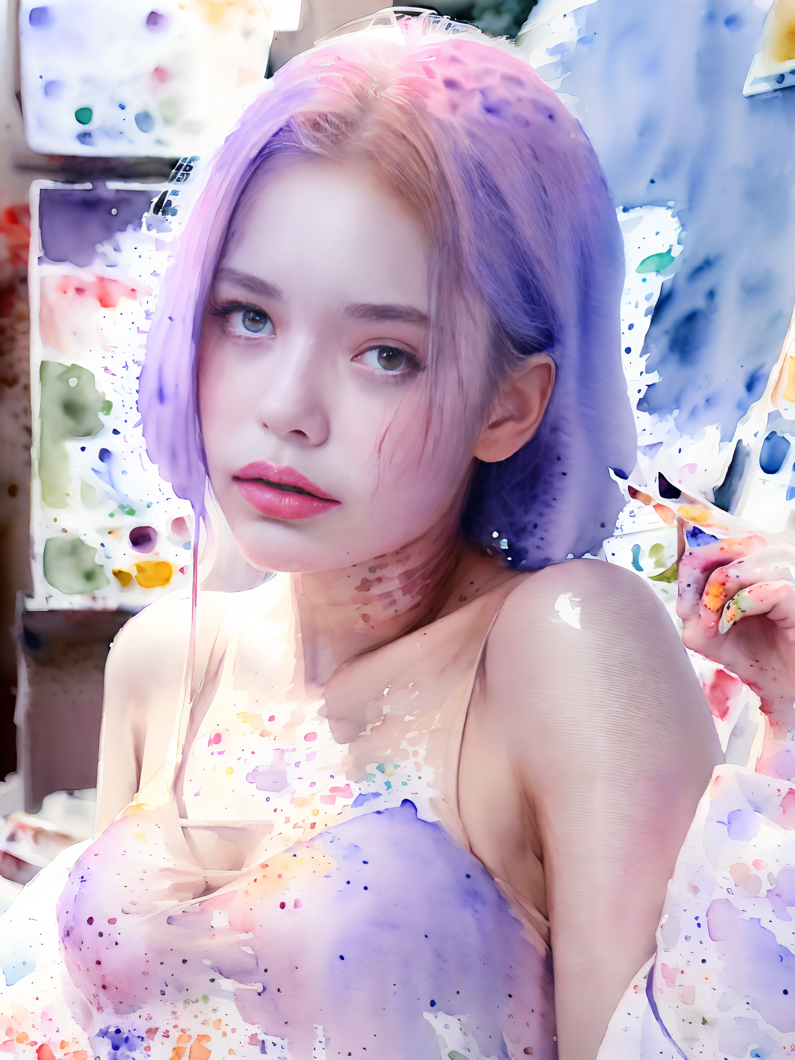 (Watercolor style:1.9),Young Sensual Gravure Idol、beautiful girls face、Young cute gravure idol、奈良美智、Young Gravure Idol、If々Japan Girl、Close up of Rain Iwakura、Pull Shorthair、Photos taken with Sony A7R,undergarment:1.3,(huge-breasted:1.1),((Top image quality、8K、masuter piece、:1.3))、Super fine face、Ultra Fine Lips、Fine Eye、二重まぶた、full body Esbian、Ultra-fine lips、Breakdown、二重まぶた:1.2(Photorealsitic、Raw photography、top-quality:1.4)、Al Eyes、beautidful eyes、(real looking skin)、Beautiful skin、The ultra -The high-definition、the golden ratio、(1 girl in)、