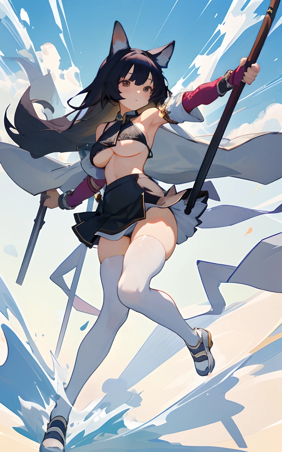 Dog ears, cropped shoulders,White knee-length stockings,Superskirt,perfect body figure,medium boob,Leakage of the arm,Show your arms,((Lace bikini))