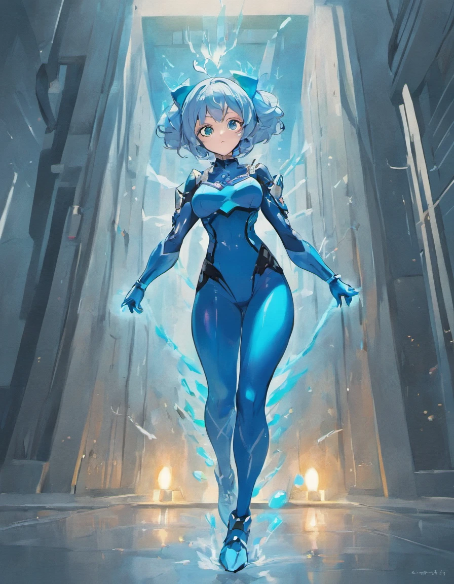 ((eula)),blue Latex suit,blue rubber suit,blue latex sleeves,blue latex trousers,blue leggings, white gloves,white tights boots,blue rubber boots,blue hood,blue mask, blue hair, blue eyes, thick thights, standing, from below, wide hips, hip focus, medium breasts, rain, white collar,