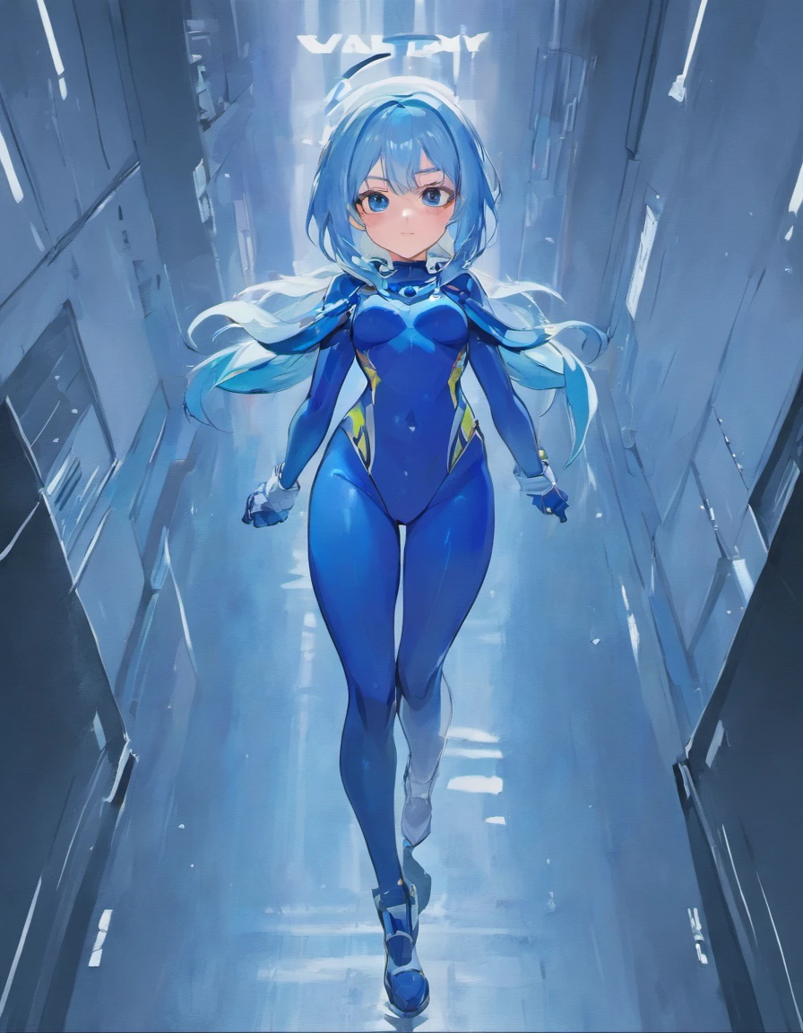 ((eula)),blue Latex suit,blue rubber suit,blue latex sleeves,blue latex trousers,blue leggings, white gloves,white tights boots,blue rubber boots,blue hood,blue mask, blue hair, blue eyes, thick thights, standing, from below, wide hips, hip focus, medium breasts, rain, white collar,