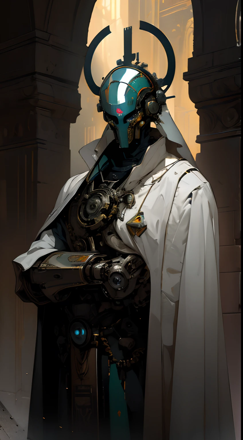 cyborg,((The face is in style of an Exo from Destiny)),Shiny metal skin,Mechanical body parts,Mechanical gears and gears, devoid of mouth, [Meticulous, Surgical precision],church style background,Science fiction art style,Vibrant colors,High-res,Ultra-detailed,Realistic lighting effects,Bokeh, wearing white robes, cloak, divine pose, two eyes,