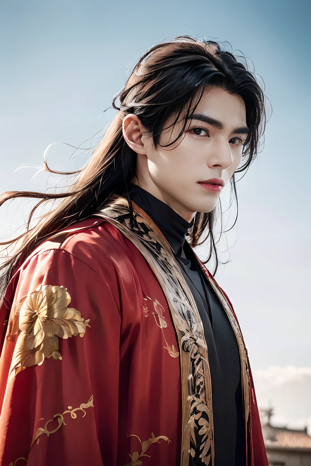 A 21-year-old Asian man，Thick eyebrows，二重まぶた，Melon seed face，Handsome face，Men's full body ，A transparent streamer is tied to the body and flutters in the wind，The background is an ancient Chinese town in summer，Time is night。Deep blue sky，A full moon，Lots of red lanterns，Pavilions and arch bridges，His skin is fair，He is slender，the limbs have pronounced muscle lines，high-definition photography，Real-world scenarios，Lots of detail, wearing black long coat, black long pants, black turtleneck shirt, lightning, magic, messy long hair