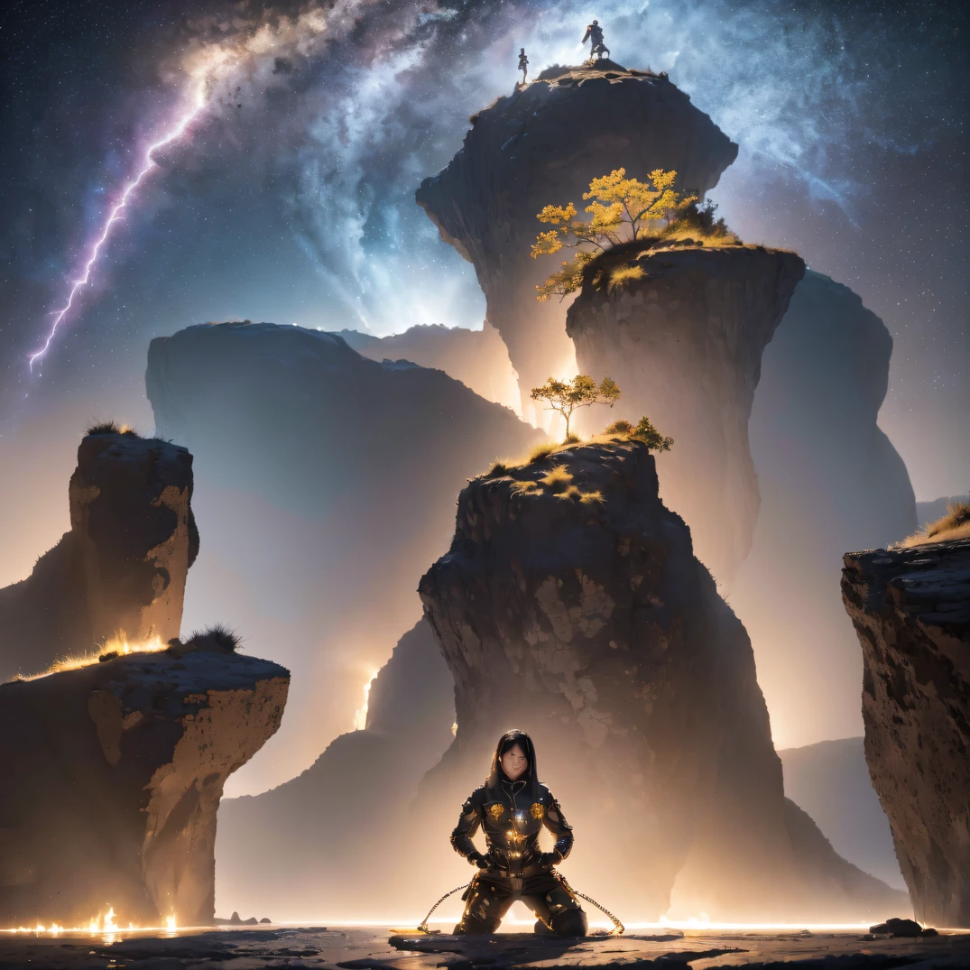 No man's land((ultra real detailed) (Masterpiece, Top quality, Best quality, offcial art, Beauty and aesthetics: 1.2), Very detailed, Colorful, Most detailed, branches, (Mars Canyon), (Future spacesuit), Angry fighting stance, looking at the ground, Batik linen bandana, Heavy machine pattern long-sleeved clothing, Astronaut Canyon(Abstract propylene splash:1.2), Dark clouds lightning background,Sprinkle with gold dust(realisticlying:1.4),, A high resolution, the detail, RAW photogr, Sharp Re, Nikon D850 Film Stock Photo by Jefferies Lee 4 Kodak Portra 400 Camera F1.6 shots, Rich colors, ultra-realistic vivid textures, Dramatic lighting, Unreal Engine Art Station Trend, cinestir 800,Flowing black hair,(((Mards)))