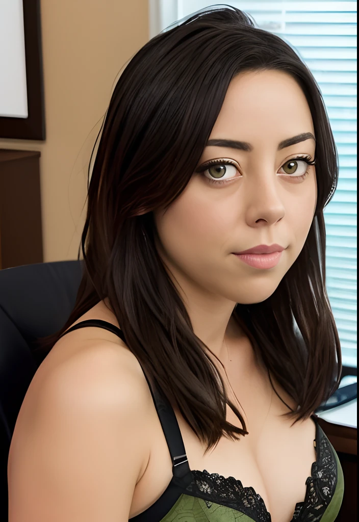 masterpiece, lifelike upper body image of AubreyPlaza, wearing a Lacy green bra, photo realistic, highly detailed, detailed face, resting bitch face, dramatic lighting, detailed eyes, sitting behind desk