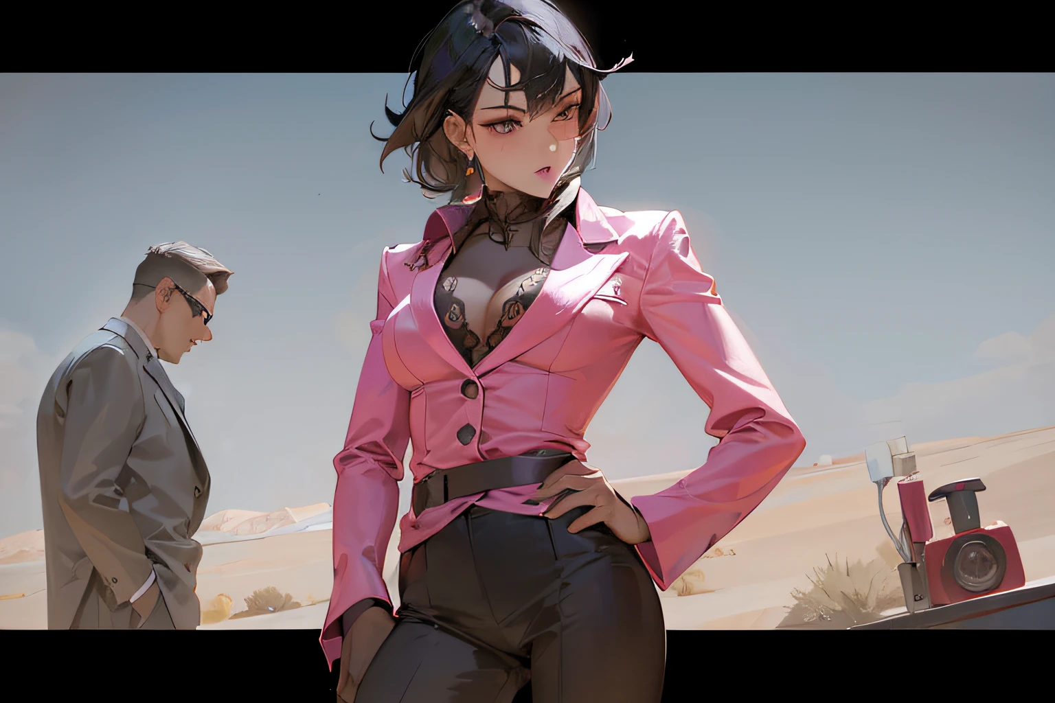 sexy mob boss, formal pink outfit, black hair, mean look, desert background, beautiful eyes, sexy hot
