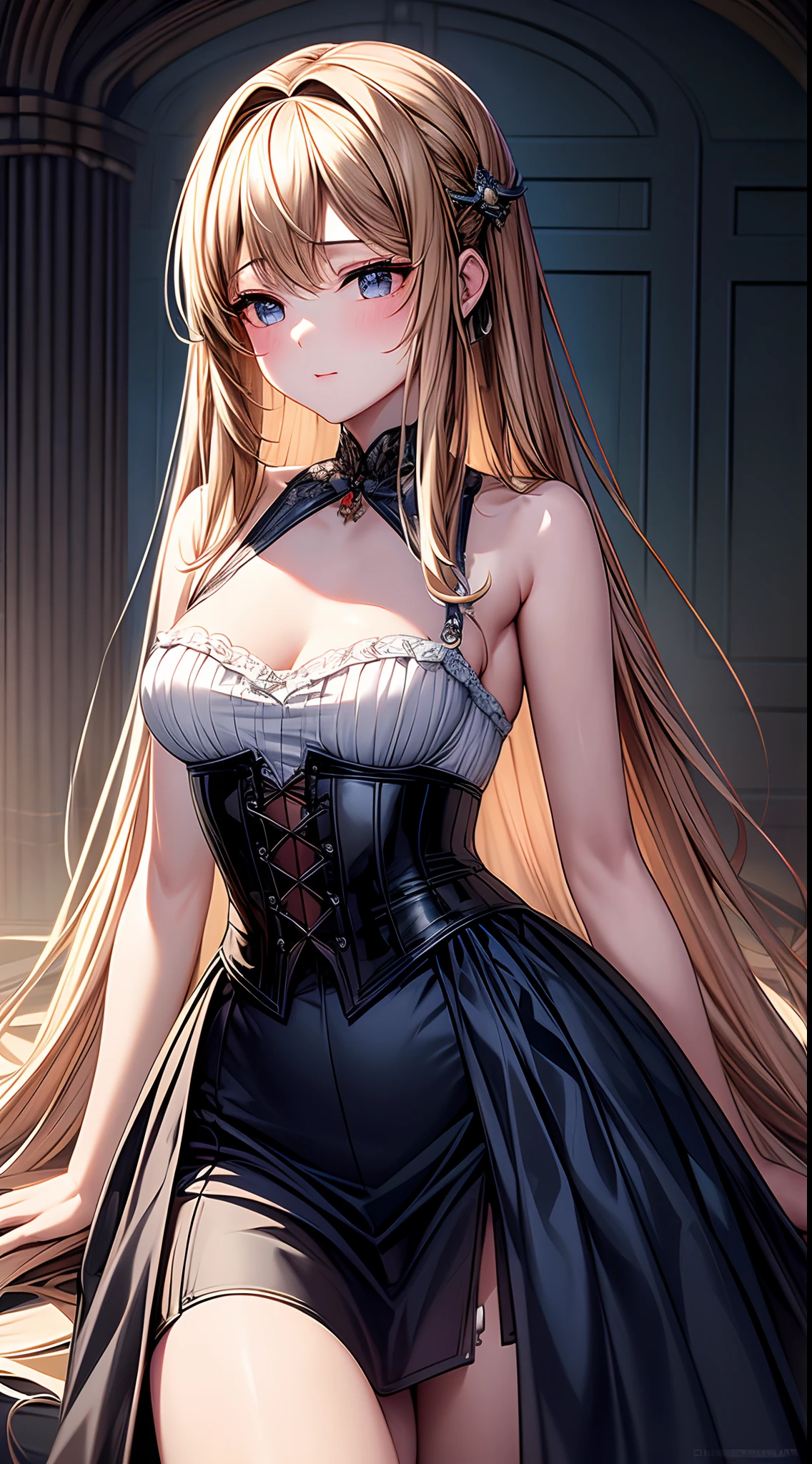 (((​masterpiece)))、((top-quality))、(The ultra-detailliert)、(CG Illustration)、(Very Beautiful ))、Cinematic Light、((1 Mechanical Girl))、 scientific fiction、Apocalypse、Erotic grotesque、research institute(Beautiful and indulgent:1.2)、(1girl in:1.3)、Facing the front,a blond,Corset Belt,blue high waist skirt,
