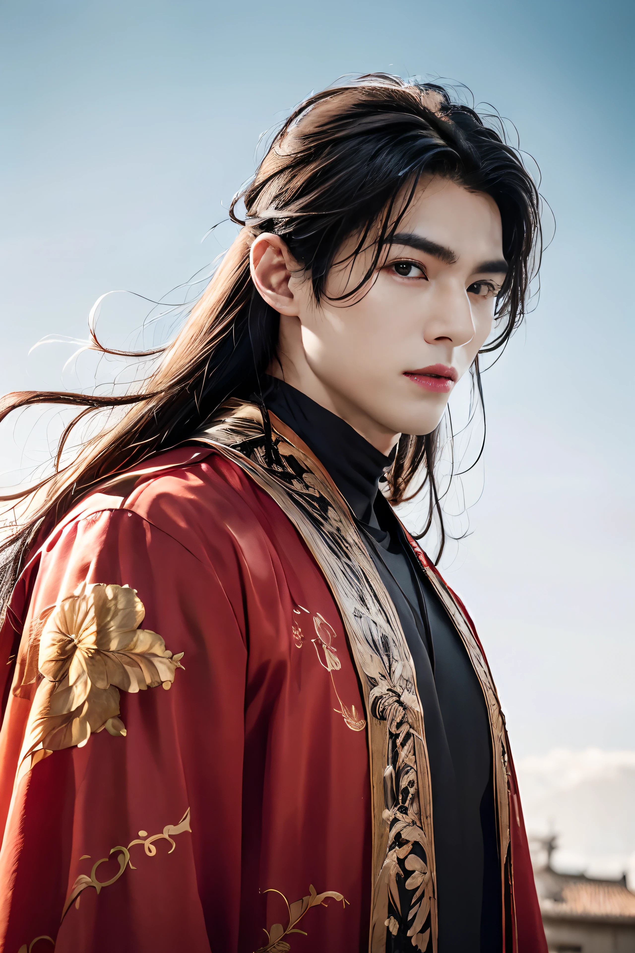 A 21-year-old Asian man，Thick eyebrows，二重まぶた，Melon seed face，Handsome face，Men's full body ，A transparent streamer is tied to the body and flutters in the wind，The background is an ancient Chinese town in summer，Time is night。Deep blue sky，A full moon，Lots of red lanterns，Pavilions and arch bridges，His skin is fair，He is slender，the limbs have pronounced muscle lines，high-definition photography，Real-world scenarios，Lots of detail, wearing black long coat, black long pants, black turtleneck shirt, lightning, magic, messy long hair