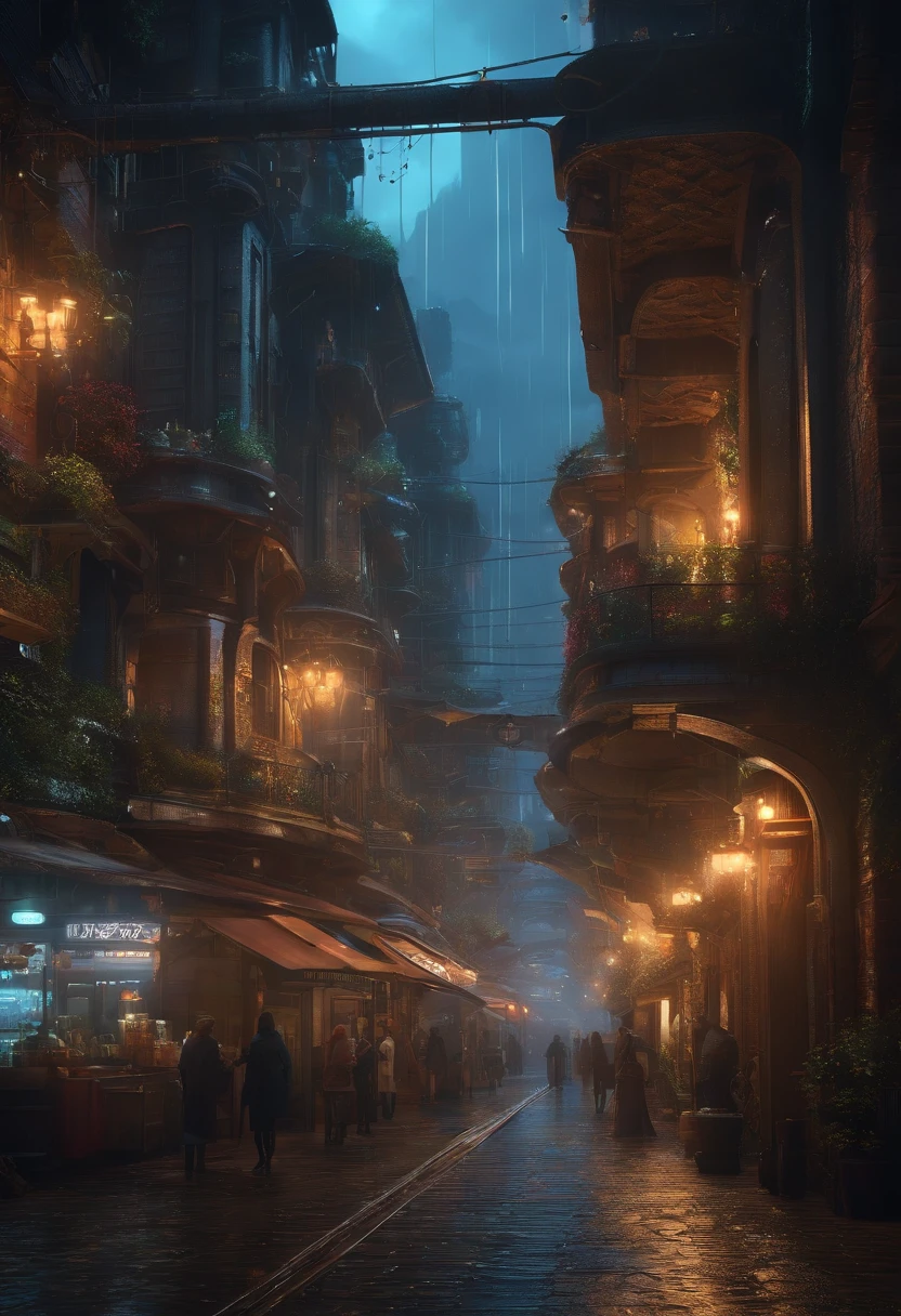 ((masterpiece)),((best quality)),((high detail)),((realistic,)) Futurist era city, architectural streets, bazaars, futuristic train lines, cyberpunk, buildings, night, European city, rainy, neon