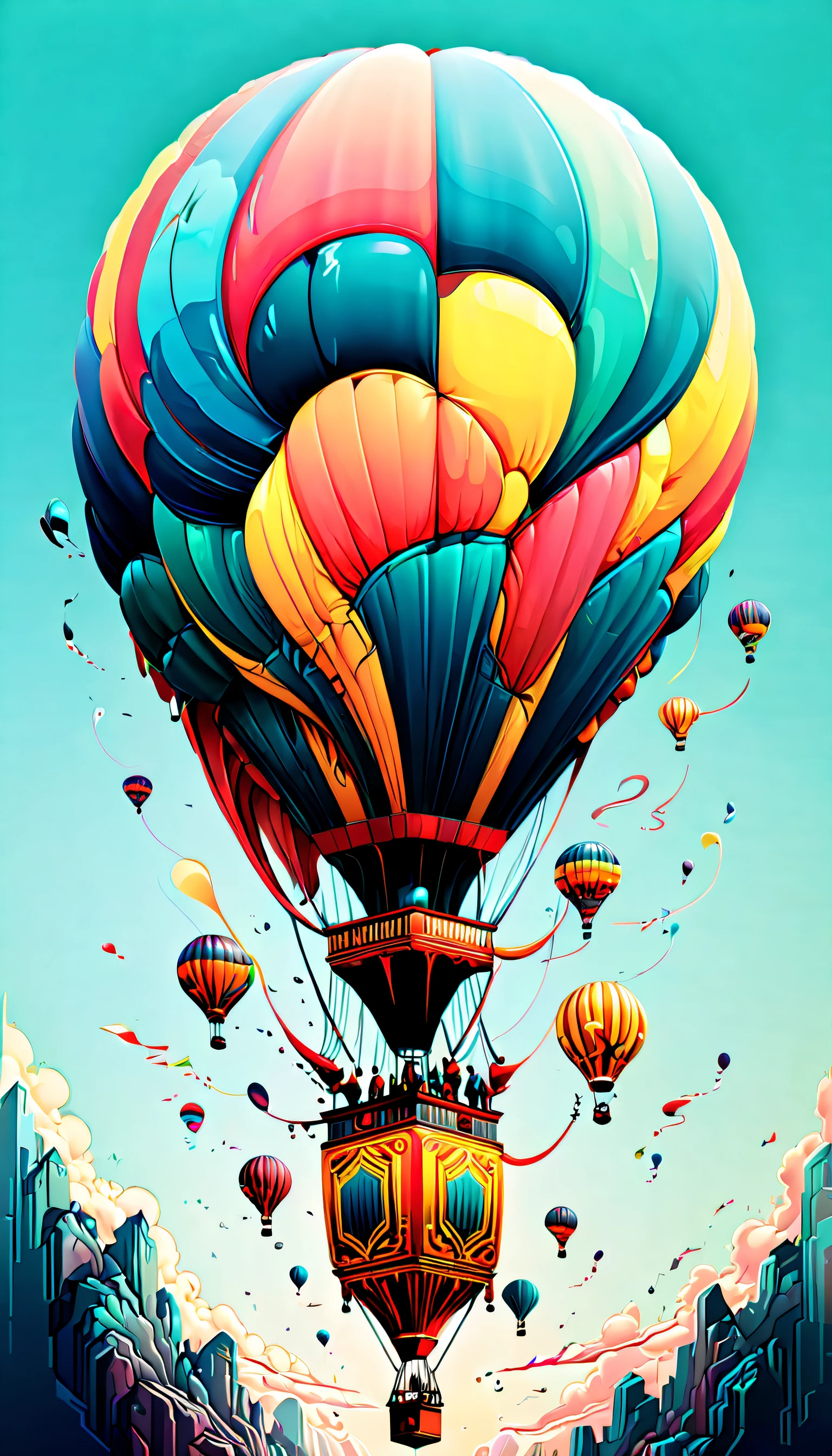 "Hot Air Balloon", by ([tang yau hoong : nychos: .5]) multidimensional, algorithmic, perfectly symmetrical, recursions, stylized and well-balanced geometric design, sacred symmetry, aesthetic beauty, captivating, attention-grabbing, cerebral, cubic nodes, abstract illusionism, circuit design, deconstructivism, illusion, colorful designs and patterns, vibrant, vivid, visually appealing, matte, [glitch art], understated, auto-destructive, regenerative, beautifully colored, captivating, dynamic, dynamic movement, depth and energy, deeply detailed.