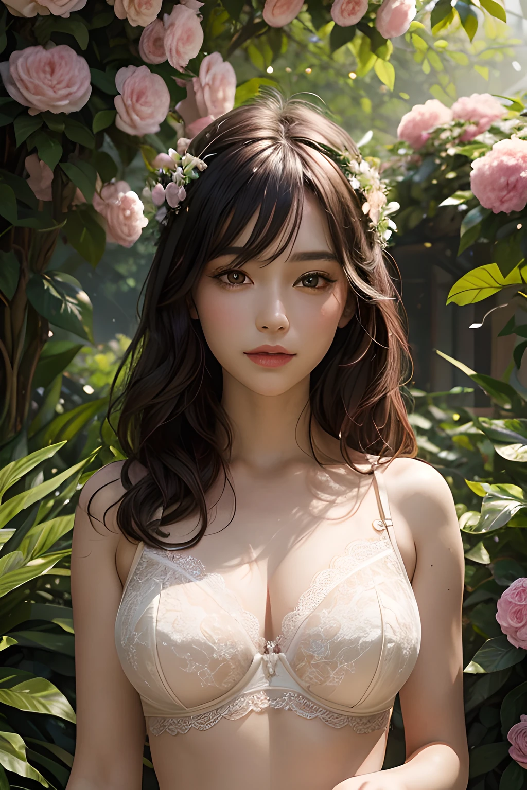 an enchanting portrait of an attractive lady in a delicate lace bra, standing in a lush, sun-dappled garden surrounded by vibrant flowers. The soft, natural light highlights the lace details and her beauty, creating a scene of serene elegance