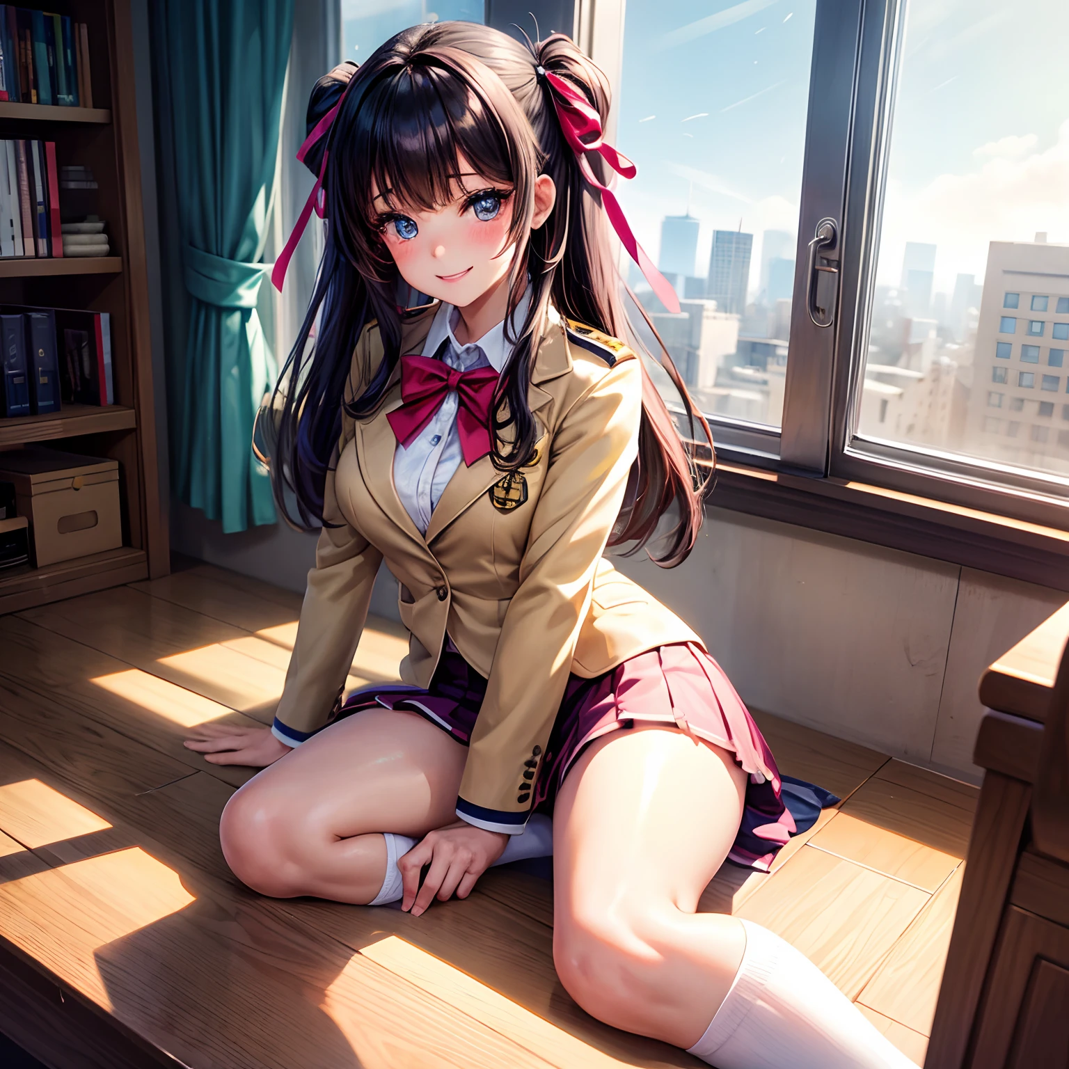 a beauty girl，Ribbon on uniform，Cute uniform，blazers，A smile，s girl，Savage girl，girl，top-quality，Colossal tits，​masterpiece，Excellent style，Erotic Cute，超A high resolution，beautiful a girl，Lovely girl，multicolored hair，Loose socks，HD image quality，beautidful eyes，Perfect Beautiful Girl，‎Classroom，