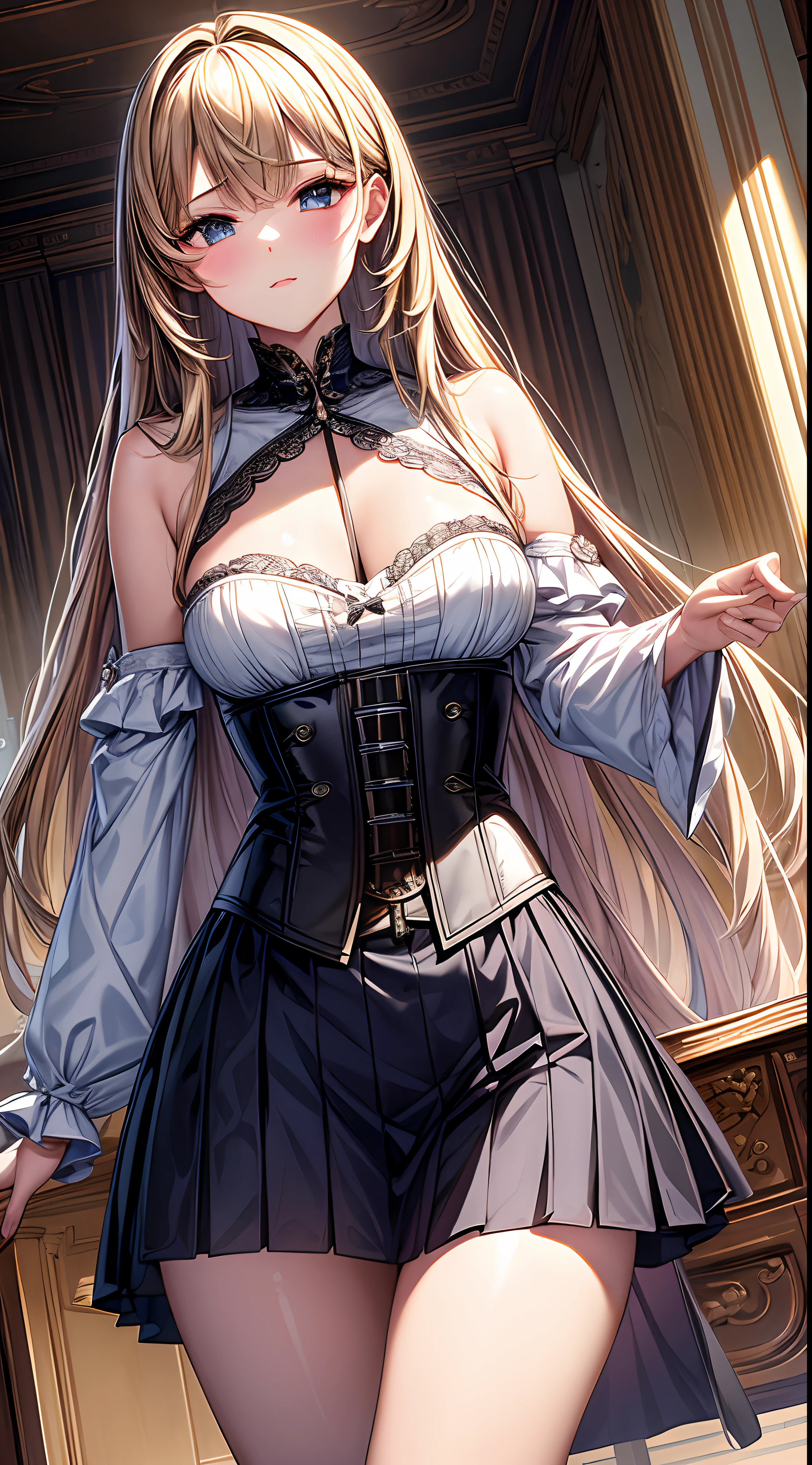 (((masterpiece)))、((top-quality))、(The ultra-detailliert)、(CG Illustration)、(Very Beautiful ))、Cinematic Light、((1 Mechanical Girl))、 scientific fiction、Apocalypse、Erotic grotesque、research institute(Beautiful and indulgent:1.2)、(1girl in:1.3)、Facing the front,a blond,Corset Belt,blue high waist skirt,