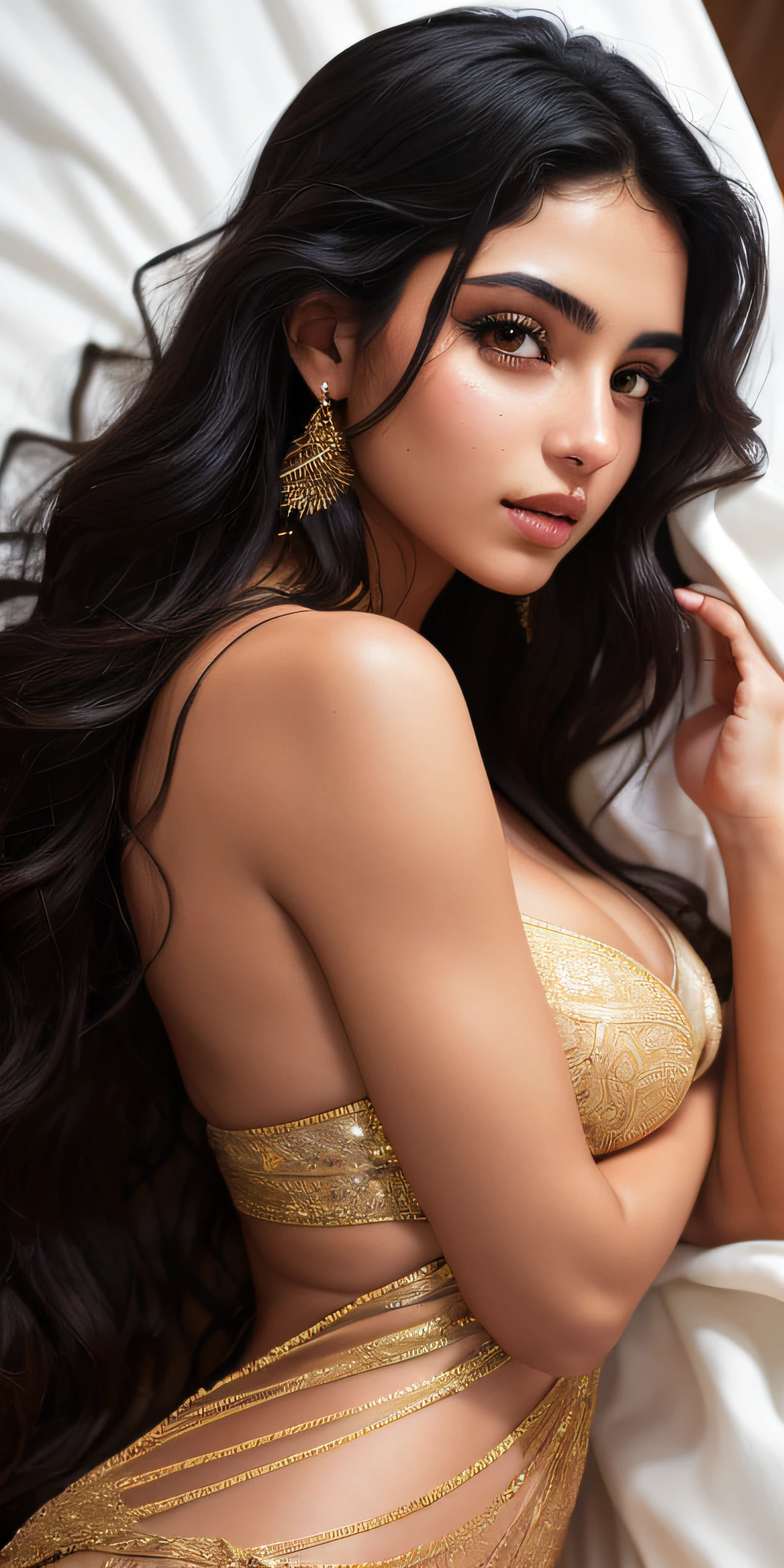 Photo of a 20-year-old Arab girl, raw, Beautiful woman, (Extra long wavy black hair), ((Portrait)), ((Detailed face:1.2)), ((detailed facial features)), (finely detailed skin), tan skin, wrapped in a sheet, Bedroom environment, Lying on the bed, (cold color), moist, moist, Reflectors, (masterpiece) (perfectly proportions)(photos realistic)(Best Quality) (Detailed) photographed in a Canon EOS R5, 50mm Lens, F/2.8, nfsw, (8K) (Wallpaper) (Cinematic lighting) (Dramatic Lighting) (foco nítido) (Convoluted) Fashion, From above