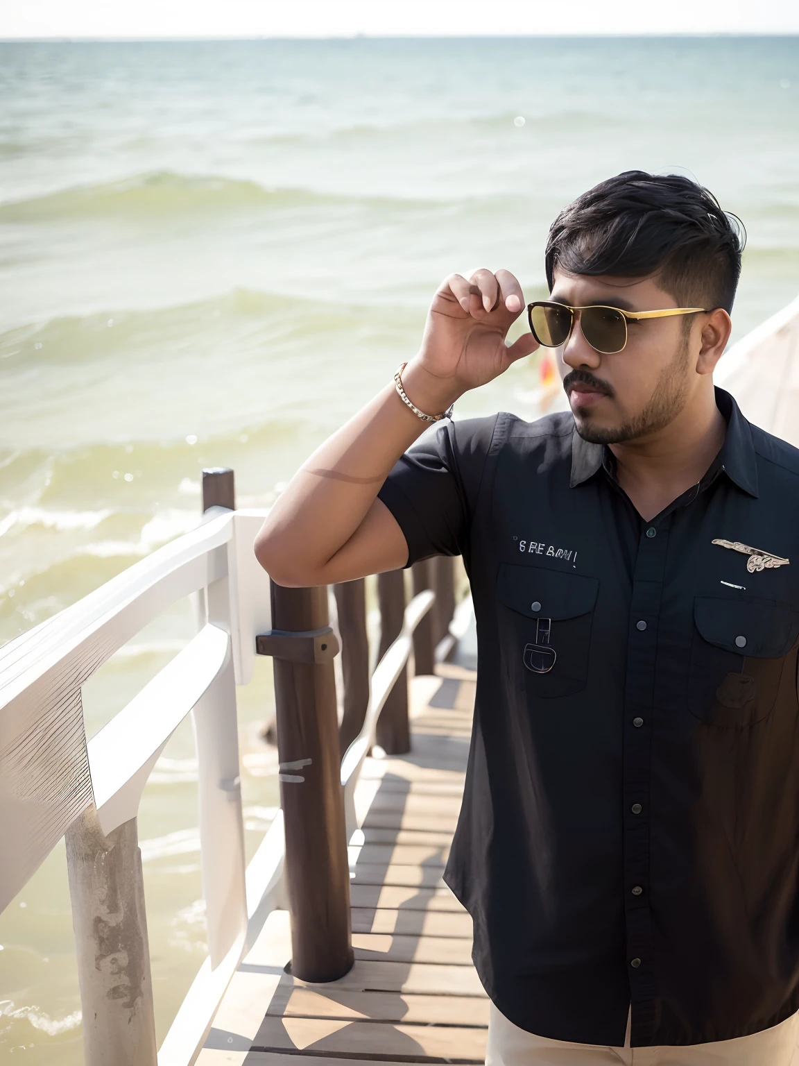 there is a man that is standing on a pier with sunglasses, candid picture, with accurate face, stylish pose, ayan nag, very very low quality picture, very clear picture, with lovely look, candid photo, shot on nikon z9, jayison devadas, handsome man, with a cool pose, cool pose, in lake, attractive and good looking