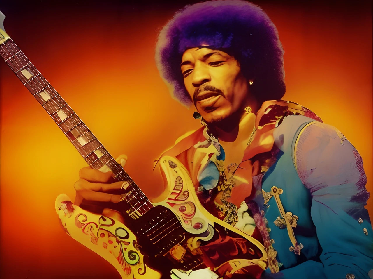 arafed colorful image of a man playing a guitar on stage, jimi hendrix playing guitar, jimi hendrix, jimi hendrix full body shot, jimi hendrix full body, the rock and roll emperor, jimi hendrix style poster, inside jimmy hendrix, may 6 8, concert photography from the 70s, masterpiece”, masterpiece ”, perfectly detailed, playing guitar onstage, he is a rockstar