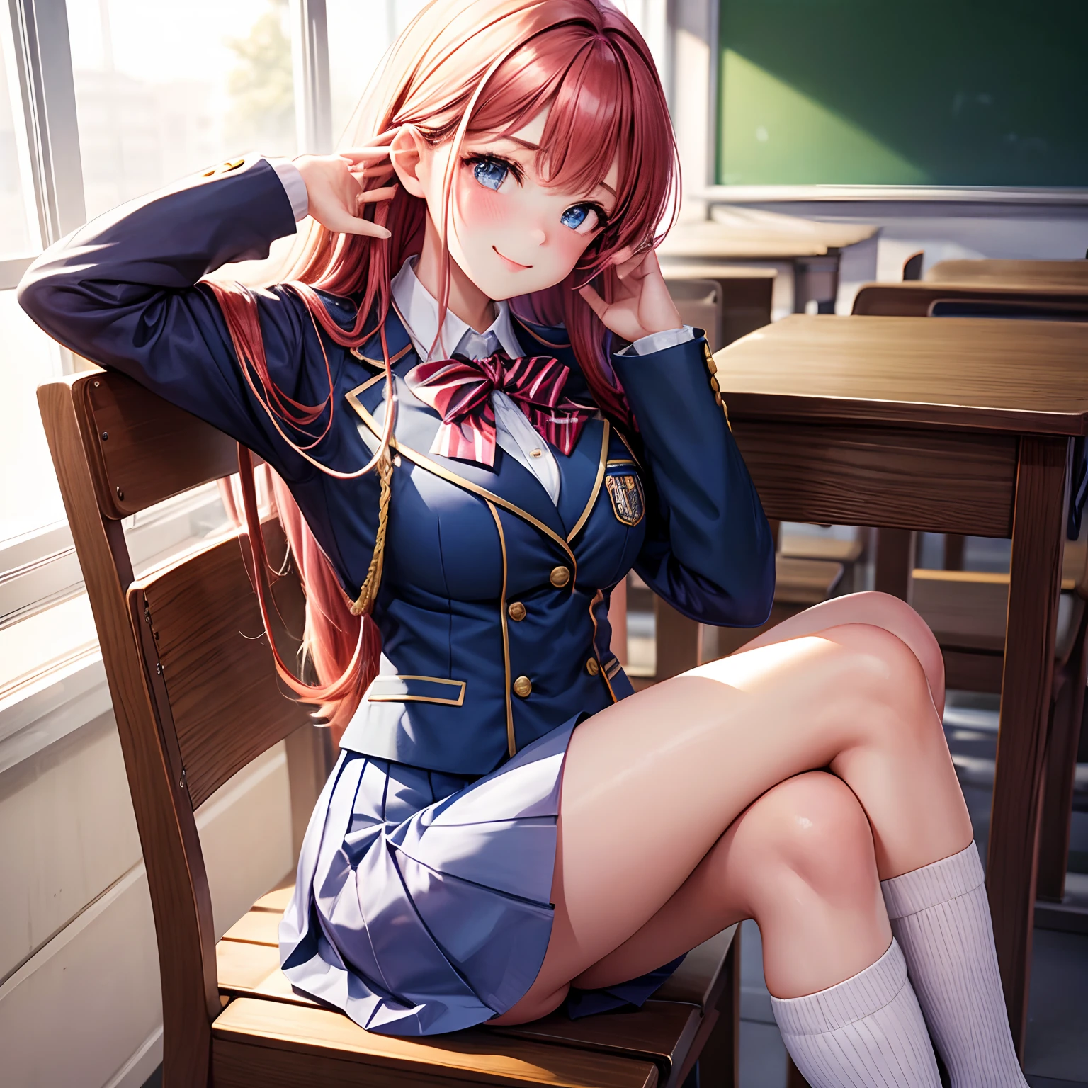 a beauty girl，Ribbon on uniform，Cute uniform，blazers，A smile，teens girl，Savage girl，girl，top-quality，Colossal tits，​masterpiece，Excellent style，Erotic Cute，超A high resolution，beautiful a girl，Lovely girl，multicolored hair，Loose socks，HD image quality，beautidful eyes，Perfect Beautiful Girl，‎Classroom，