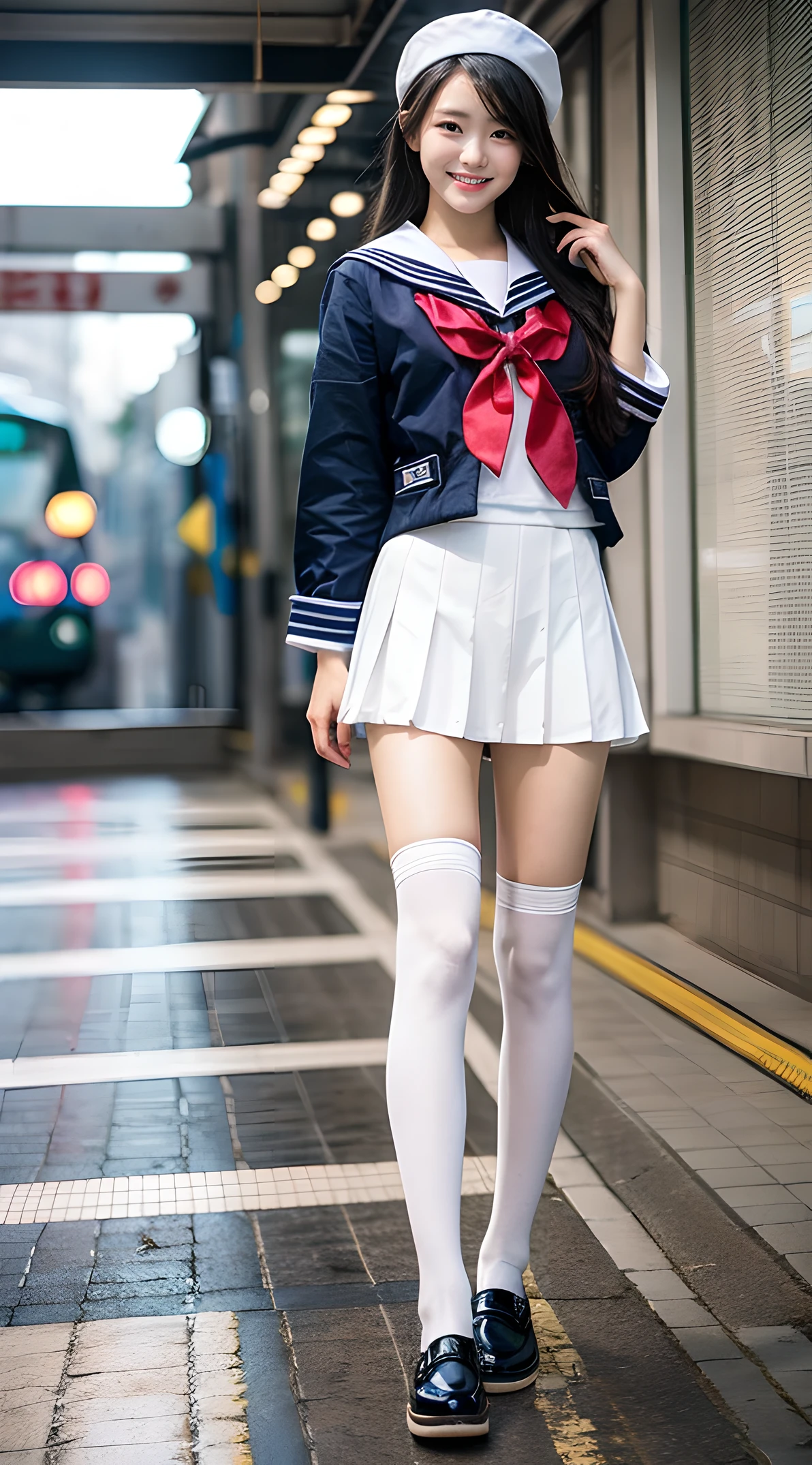 1girl, Cute, black-haired, , Smile, Looks pure, Sailor Suit, Photography, Realistic, Best Quality, Detailed face, Full body, slender, Slender legs, Long legs, Wearing thigh-high socks, shoes on, station platform,