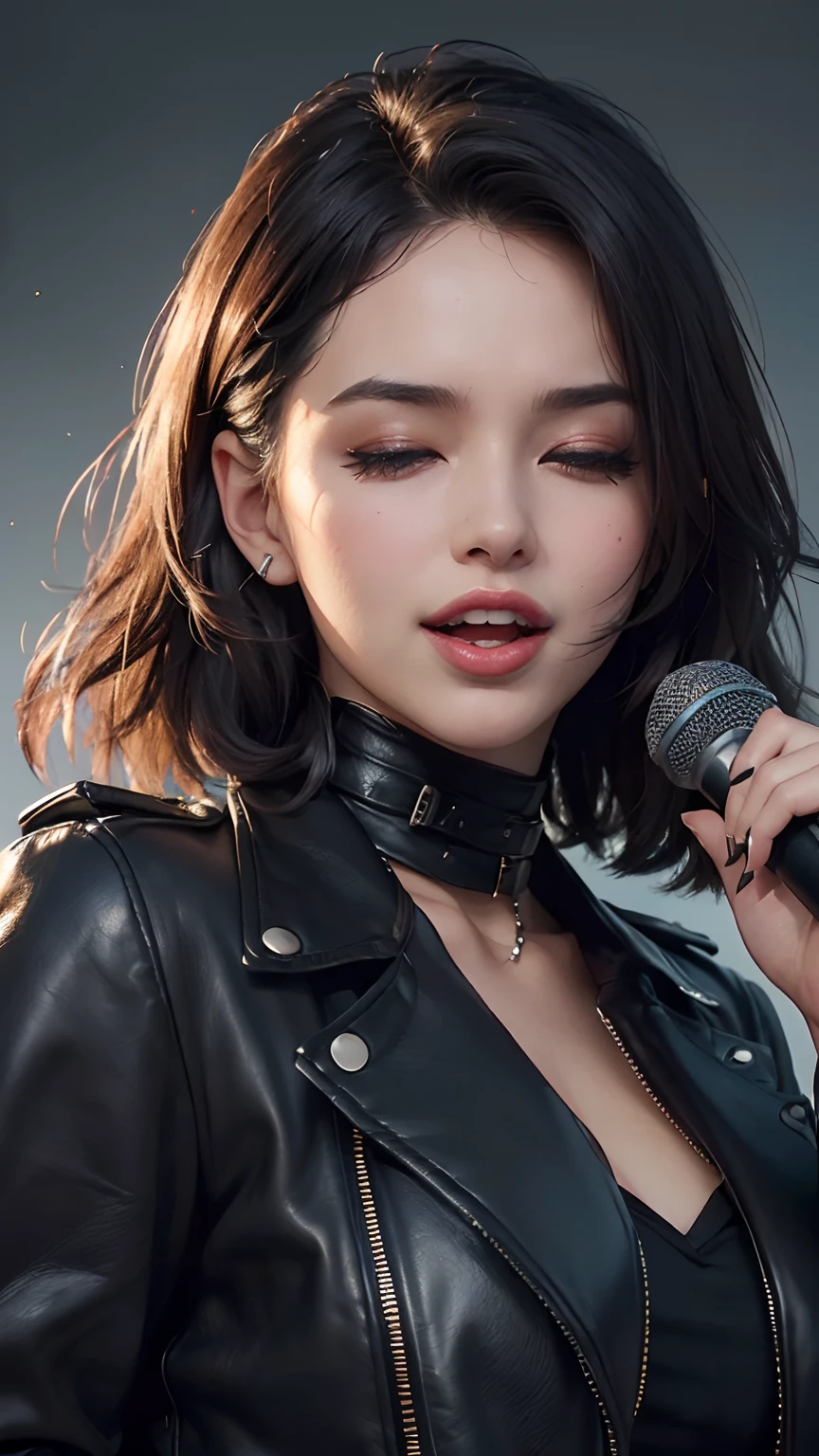 (Best Quality,4k,8K,high resolucion,Masterpiece:1.2), Ultra-detailed, (realisitic,Photorealistic,Realistis:1.37),(Beautiful detailed eyes, Beautiful details lips, extremely detailed eyes and face, long eyeslashes),studio lit,physics based rendering,Vivid colors,(large full breasts, super big tits, Super Extra Big),(Bob Haircut),(Open your mouth wide and laugh like a madman, Close your eyes hard:1.2),(Fancy Makeup, leather jacket, chokers),(Brilliant lighting),(Enthusiastic atmosphere),(Diagonal configuration),(dynamic poses, Singing with a microphone in hand),