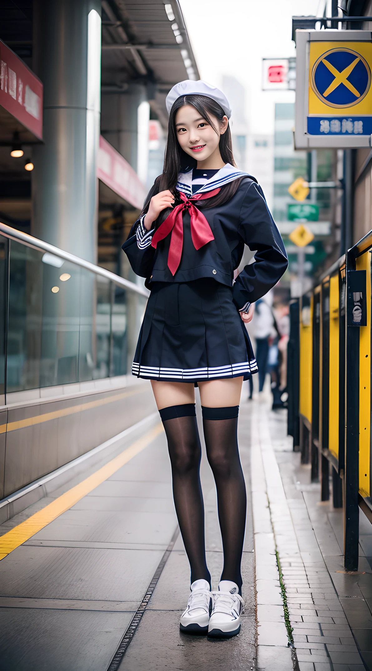 1girl, Cute, black-haired, 14 years old, Smile, Looks pure, Sailor Suit, Photography, Realistic, Best Quality, Detailed face, Full body, slender, Slender legs, Long legs, Wearing thigh-high socks, shoes on, station platform,
