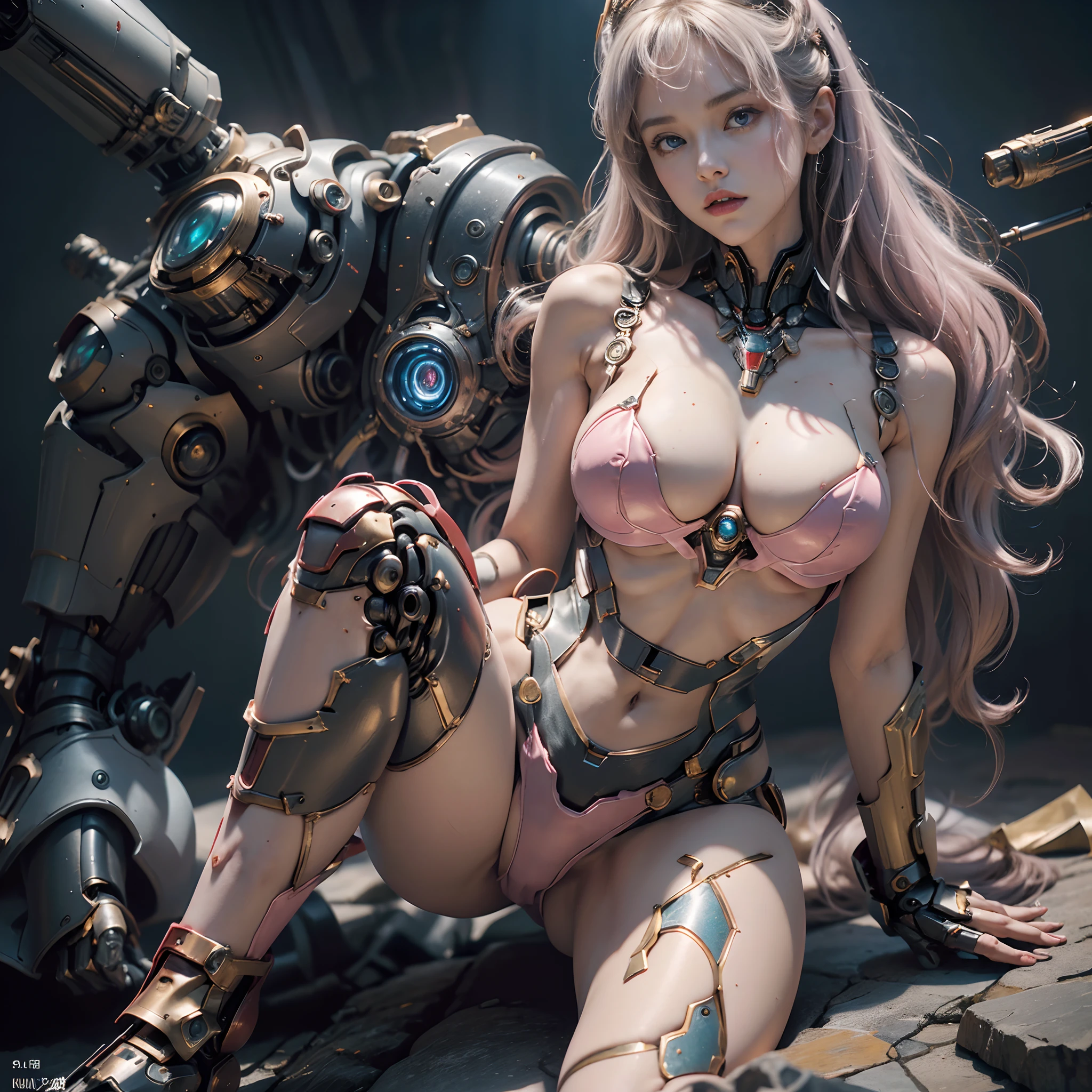 Intricate details, Super Intricate Details, (navel-baring) (Big Gem: 1.3), (girl_Standing_beside_droid:1.2), Girls, (Perfect detail face, Detailed eyes), BREAK Robot, (Giant Mech, Red and black armor, Blue eyes, Holding a rifle), Starry sky, sky line, Kamen Rider, (Gundam: 1.4), Gold Saint Seiya, Marvel movie Iron Man, (mechs) (Mechanical) (armor), professional RAW color photos, (Back Corner), (Lie down and raise your legs to expose your buttocks: 1.5), (cum on the body, Shoot in the chest, Face,  For hair): 1.2) (itting open legs: 1.3), Perfect, (Wide Angle), (Rule of Threes), perfect leg, (Pendants) (Color Gemstones) Knee flexion, perfect foot, Panties close-up, Sweat, water dripping, Best Quality, masutepiece, Super Resolution, (reality: 1.4), 1 girl, Bare shoulders, crazy detail details, (Hip Fold: 1.5), lower chest, Side chest, Unrealistic Engine Style, Boca Effect, David La Chapelle style shots, Bioluminescent color palette: Lilac, Pale gold, Pale pink, bright white, Wide Angle, Ultra-fine, cinematic still life, Vibrant, saquimica style, Perfect eyes, highest image quality 16K, inspired by Canon EOS R 6 "Chaos 50,--, Harry Winston A masterpiece of mole photography under the eyes, Ray tracing, surrealism, Textured skin