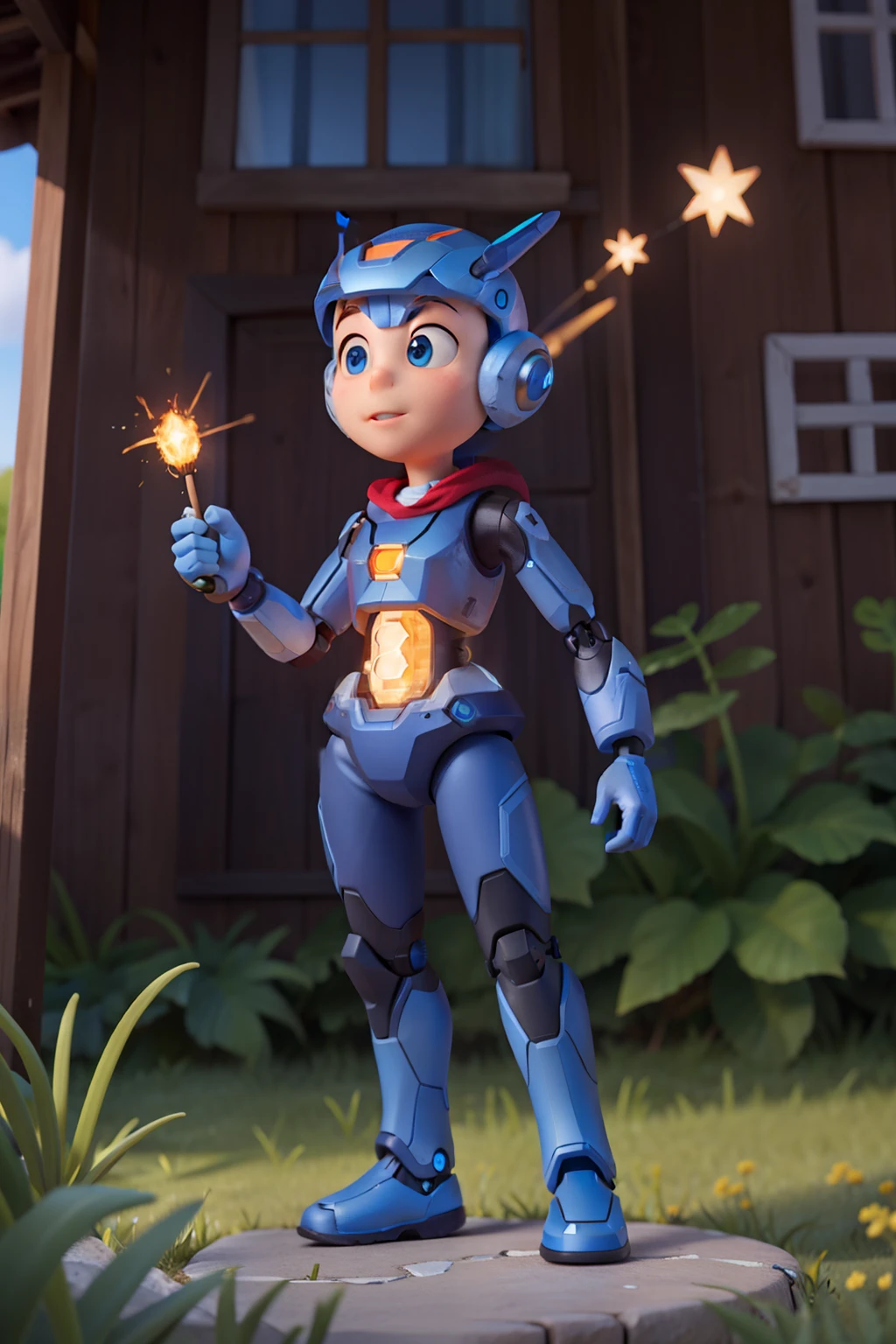 , na Aldeia ,Spark, A small living blue robot .