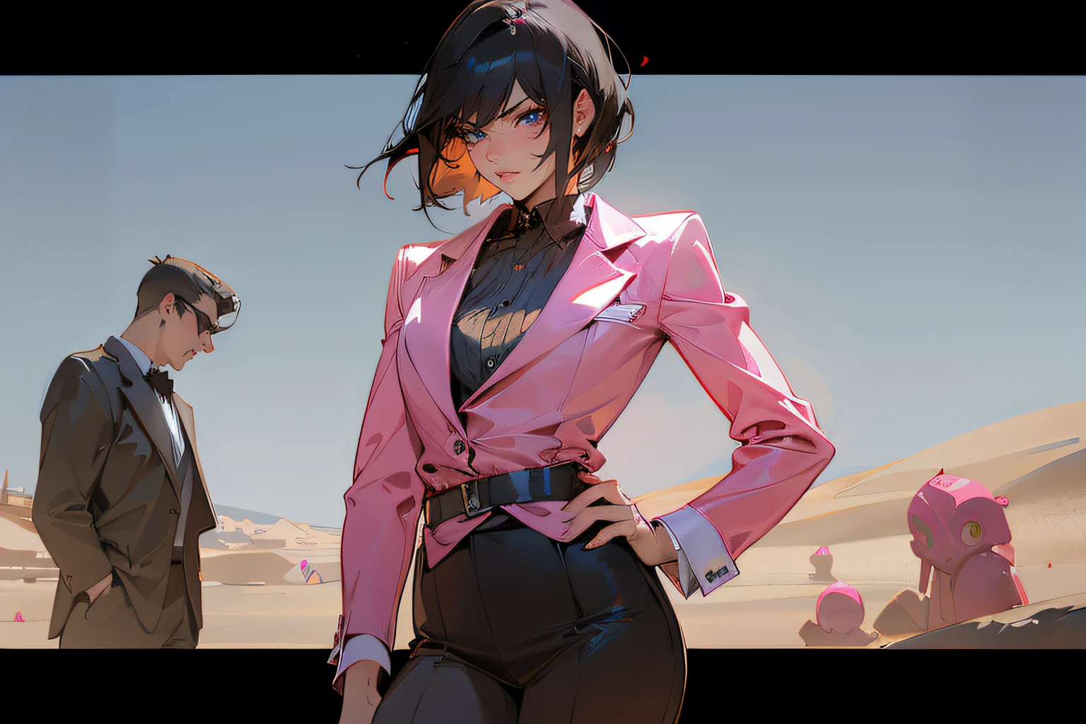 sexy mob boss, formal pink outfit, black hair, mean look, desert background