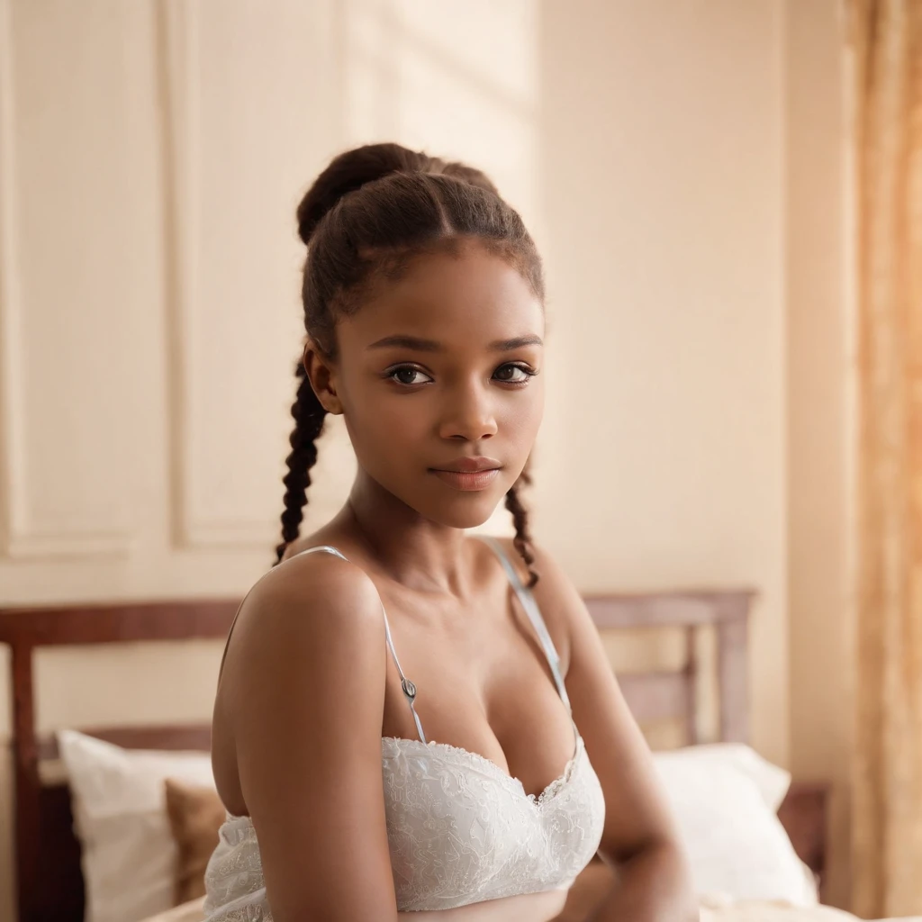 best quality, high detail, (detailed face), detailed eyes,((best quality, masterpiece)), ((2 caramel skinned African girl)), school uniform, (arms at side:1.2), groin,big hip bones, ponytail, black hair, (((underboob))), standing, indoors, facing side ways,bedroon in bed, selfy