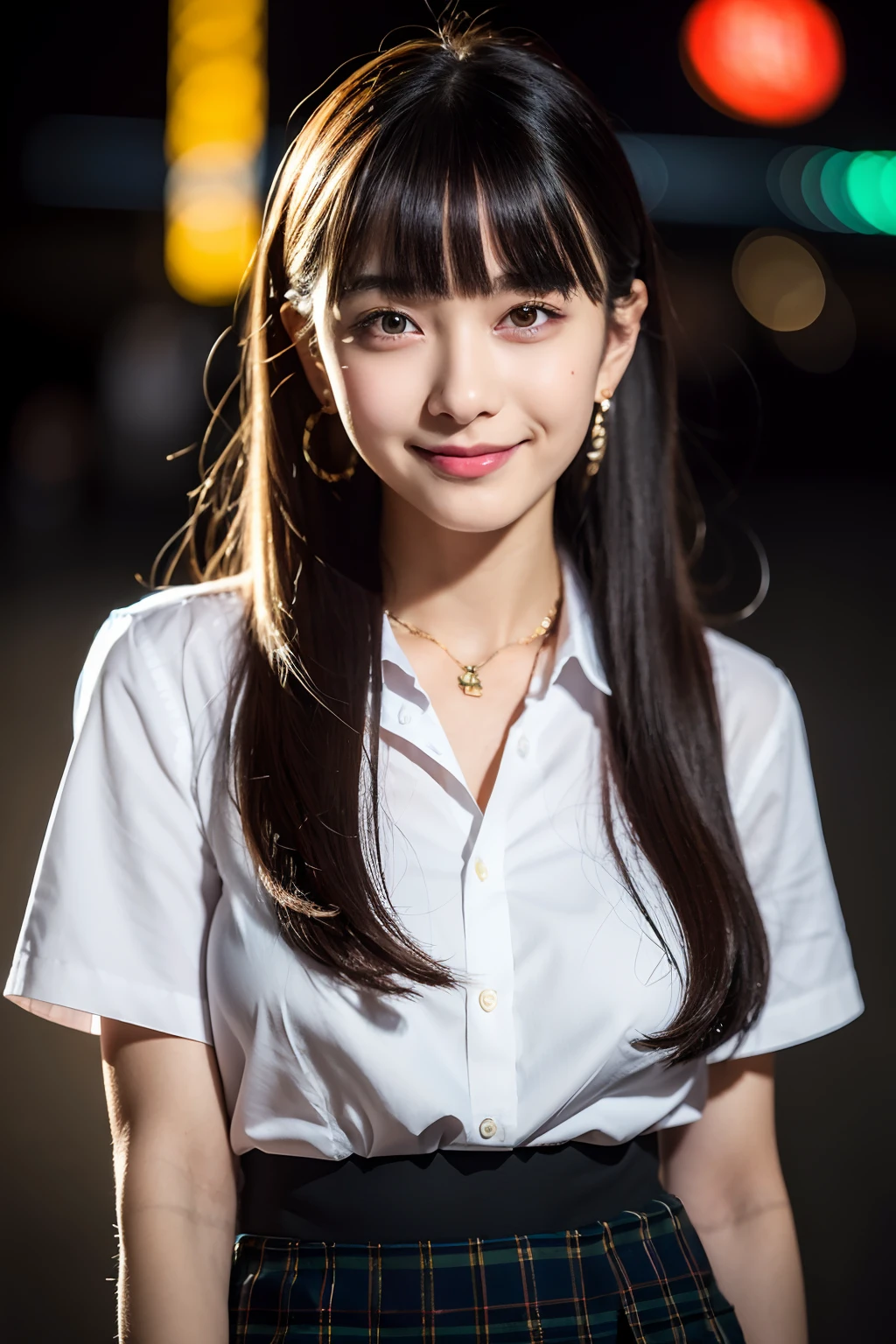 (8k, RAW photo, best quality, masterpiece:1.2), ultra detailed, ultra high res, (realistic, photo realistic:1.37), portrait, high detail RAW color photo, professional photograph, an extremely delicate and beautiful, extremely detailed, 8k wallpaper, Amazing, finely detail, huge file size, official art, extremely detailed CG unity 8k wallpaper,extremely detailed beautiful girl, extremely detailed face, extremely detailed eyes, extremely detailed skin, extremely detailed fingers, extremely detailed nose, extremely detailed mouth, perfect anatomy, highly detailed background, extremely detailed clothing, 1girl, (18 years old:1.2), age, cute girl, famous japanese idol, kawaii, (big breasts:1.2), realistic body, petite, fair skin, shiny skin, slender body, good figure, black hair, long straight hair, (blunt bangs:1.2), smile, cute, young, cute face, realistic face, beautifully detailed eyes, drooping eyes, (school uniform), (skirt:1.2), necklace, earrings, looking at viewer, dynamic posture, face the front, sitting posture, contrapposto, outdoors, (night:1.2), neon city, neon light, neon sign, dynamic lighting, HDR,
