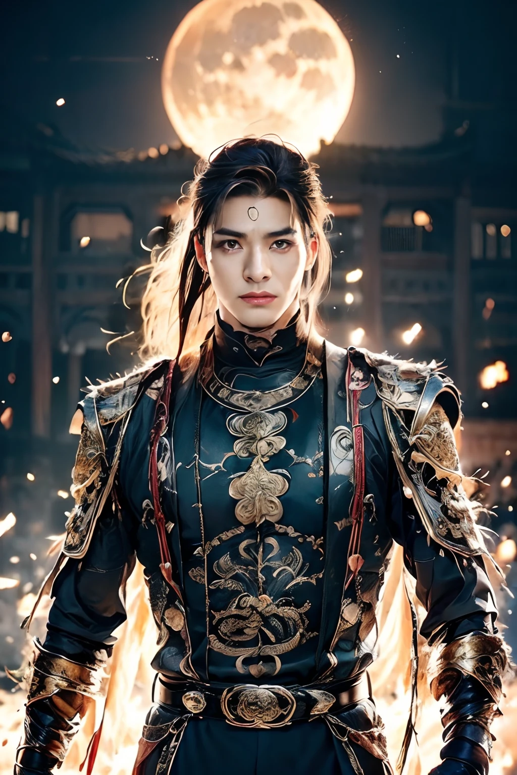 A 21-year-old Asian man,Thick eyebrows,二重まぶた,Melon seed face,Handsome face,full body ,The background is an ancient Chinese town,Time is night。Deep blue sky,A full moon,lightning, Pavilions and arch bridges,His skin is fair,He is slender,the limbs have pronounced muscle lines,high-definition photography,Real-world scenarios,Lots of detail, wearing black clothes, black long pants, black turtleneck shirt, lightning, magic, messy long hair, perfect face, battle action pose, fighting