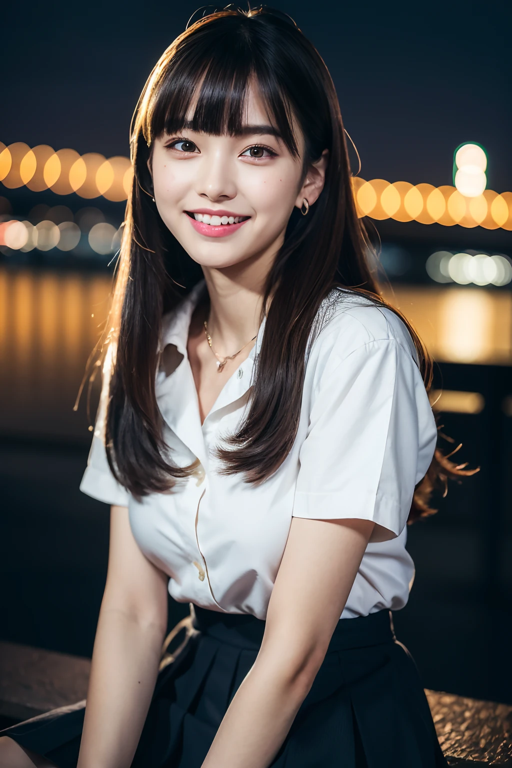 (8k, RAW photo, best quality, masterpiece:1.2), ultra detailed, ultra high res, (realistic, photo realistic:1.37), portrait, high detail RAW color photo, professional photograph, an extremely delicate and beautiful, extremely detailed, 8k wallpaper, Amazing, finely detail, huge file size, official art, extremely detailed CG unity 8k wallpaper,extremely detailed beautiful girl, extremely detailed face, extremely detailed eyes, extremely detailed skin, extremely detailed fingers, extremely detailed nose, extremely detailed mouth, perfect anatomy, highly detailed background, extremely detailed clothing, 1girl, (18 years old:1.2), teenage, cute girl, famous japanese idol, kawaii, (big breasts:1.2), realistic body, petite, fair skin, shiny skin, slender body, good figure, black hair, long straight hair, (blunt bangs:1.2), smile, cute, young, cute face, realistic face, beautifully detailed eyes, drooping eyes, (school uniform), (skirt:1.2), necklace, earrings, looking at viewer, dynamic posture, face the front, sitting posture, contrapposto, outdoors, (night:1.2), neon city, neon light, neon sign, dynamic lighting, HDR,