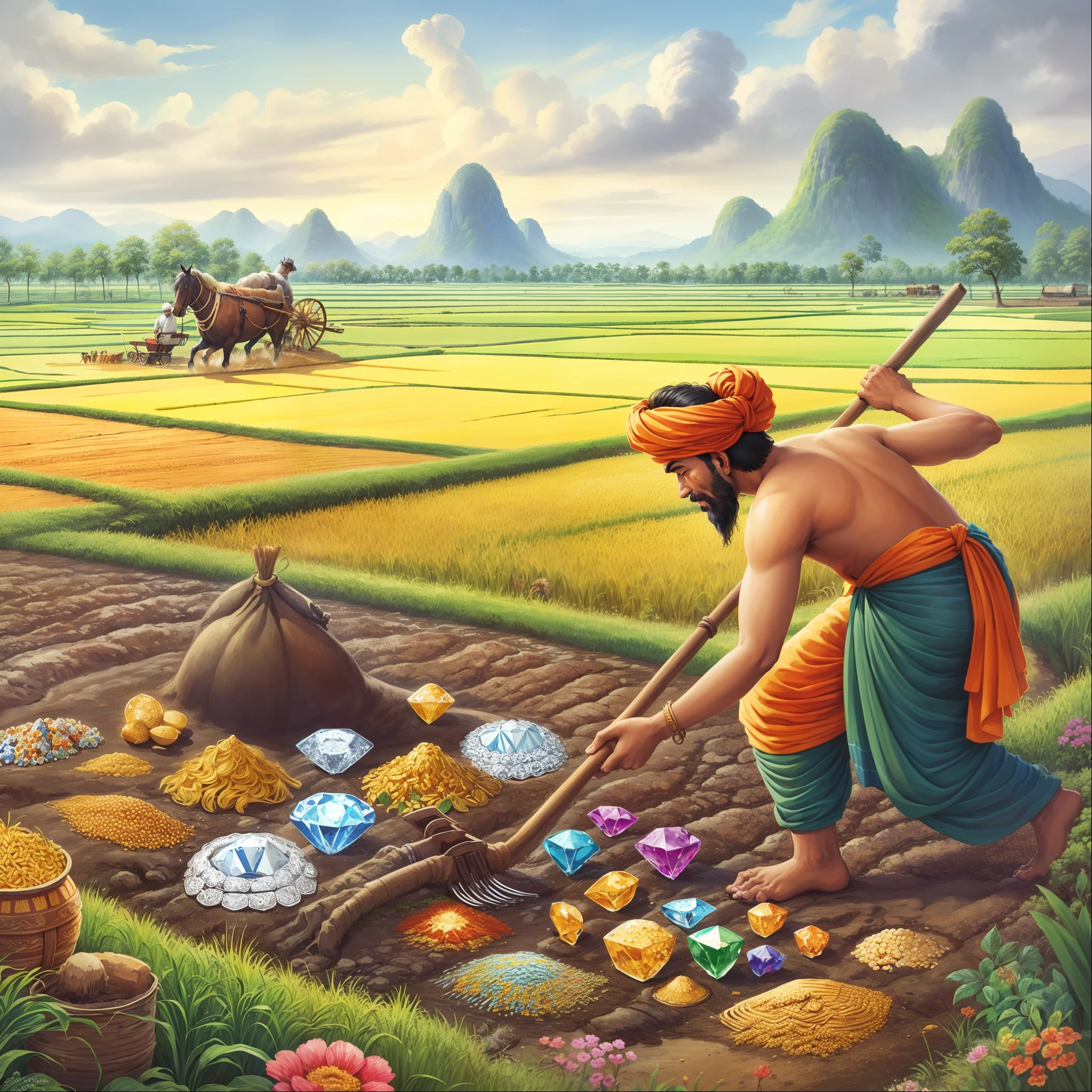 painting of a farmer in a rice field with a horse and cart, villagers busy farming, lots of diamonds unearthed, a beautiful artwork illustration, farmer, mining, amazing wallpaper, full color illustration, mobile wallpaper, detailed game art illustration, by Rajesh Soni, game illustration, by Daryush Shokof, hindu art, wallpaper - 1 0 2 4, thailand art