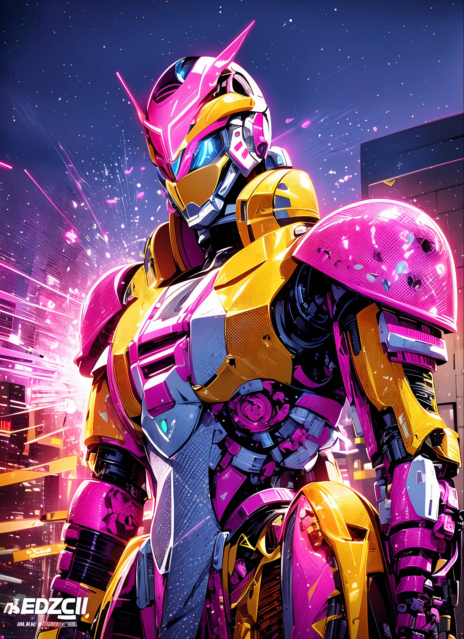 Close-up of robot in pink and yellow suit, Mecha suit, mecha art, mecha asthetic, girl in mecha cyber armor, neon armor, cool mecha style, neon scales and cyborg tech, Streamlined pink armor, dressed in light armor, in opal armor, intricate glowing mecha armor, Full body mech set Kamen Rider